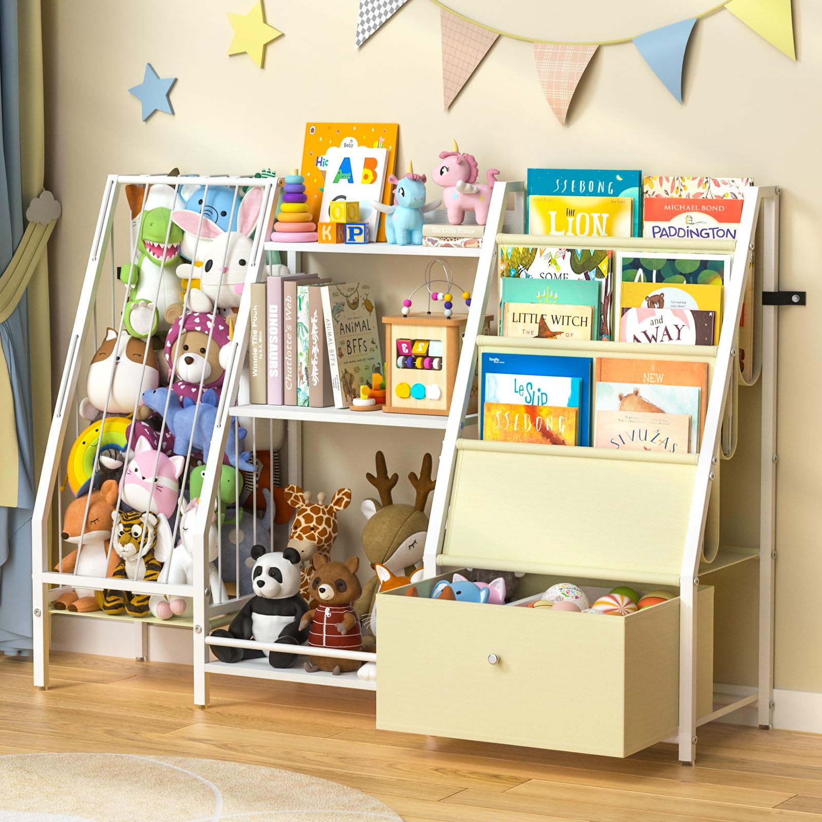 ikkle Kids Bookshelf and Toy Storage, 3 Tier Kids Bookcase, Sling Book Shelf and Stuffed Animal Storage, Toddler Montessori Bookshelf with Toy Organizer for Kids Rooms, Bedroom, Playroom, Nursery