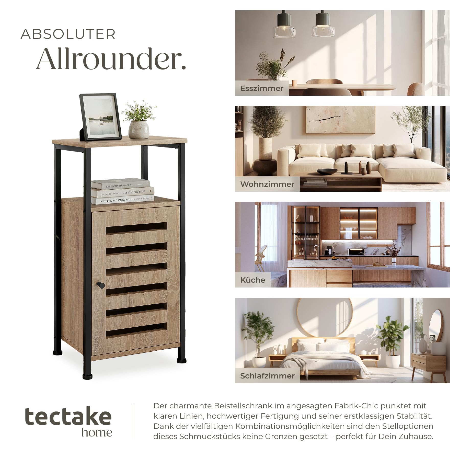 tectake® Beistellschrank schmal, Nachttisch schmal, Nachtkästchen Holz und Metall, Kleiner Schrank mit offener Ablage, Kommode klein, 38,5 x 31,5 x 81 cm - Industrial Holz hell, Eiche Sonoma