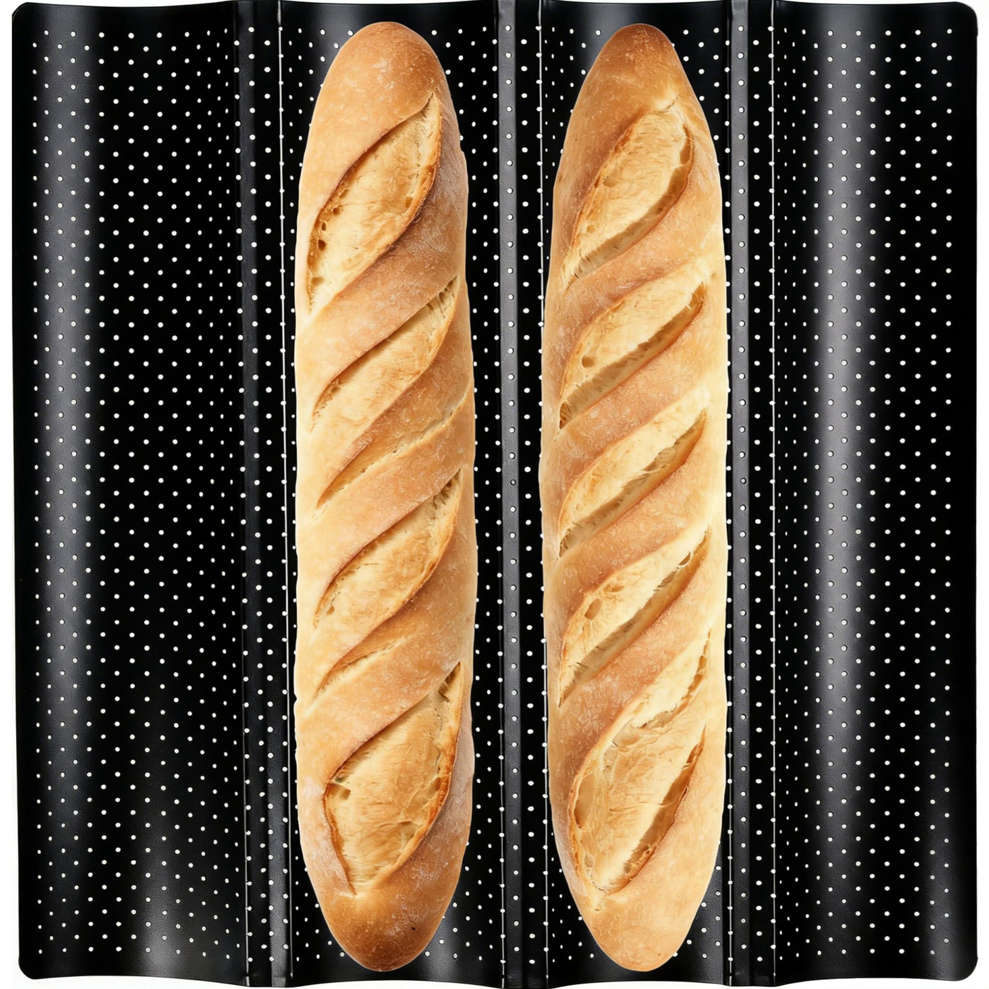 MouCoc Baguette Baking Tray, French Bread Pan for 4 Loaves - Easy-to-Clean Wave Mold (Black)