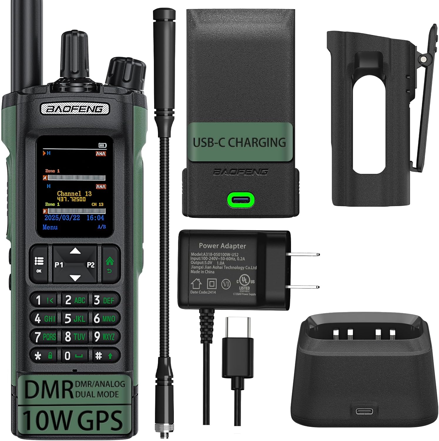 BAOFENG DM32 DMR Handheld Radio: 10W, USB-C, GPS, Green Pack