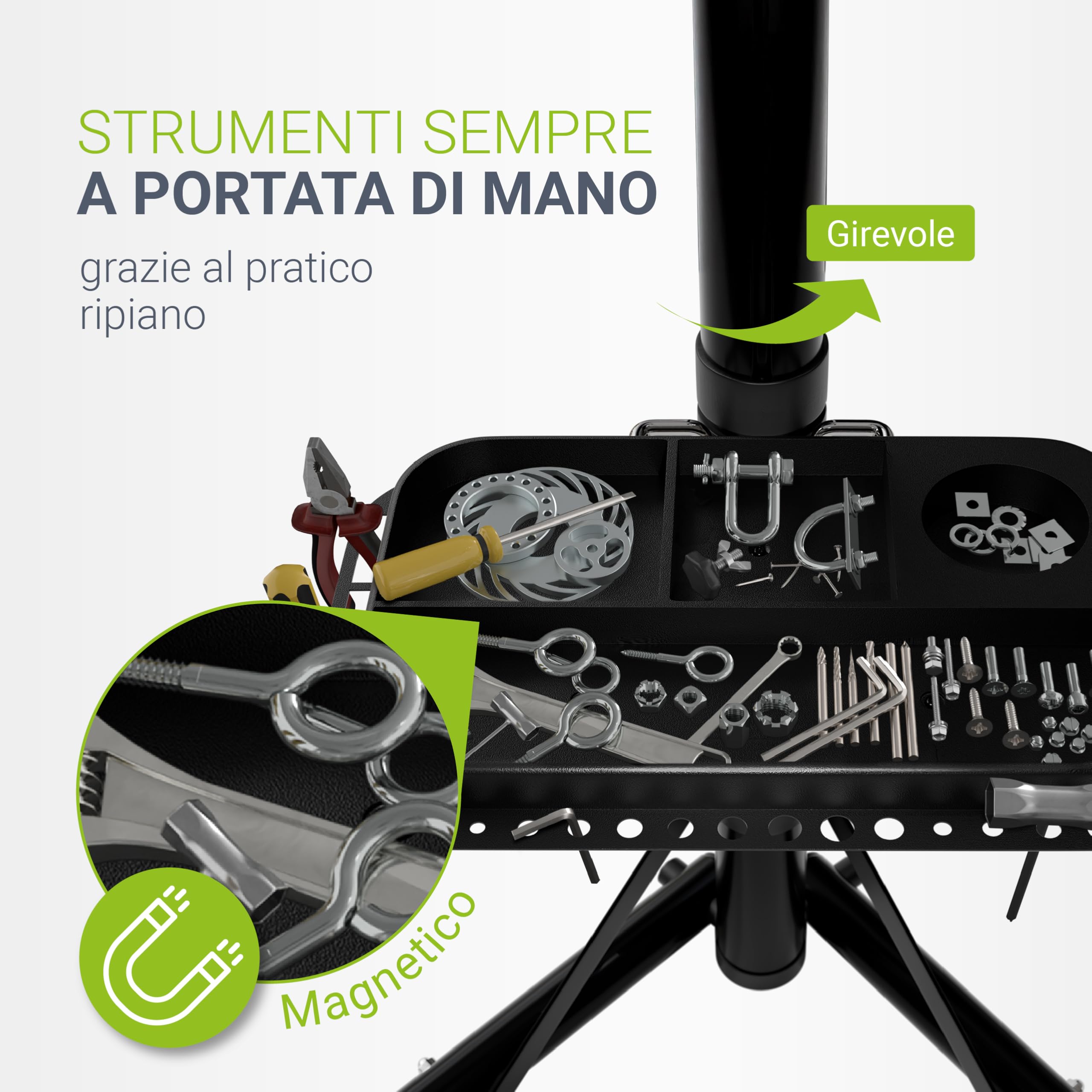 Juskys Cavalletto pieghevole per riparazione bici - Supporto regolabile in altezza con rivestimento in gomma e vassoio portautensili - Per biciclette fino a 50 kg