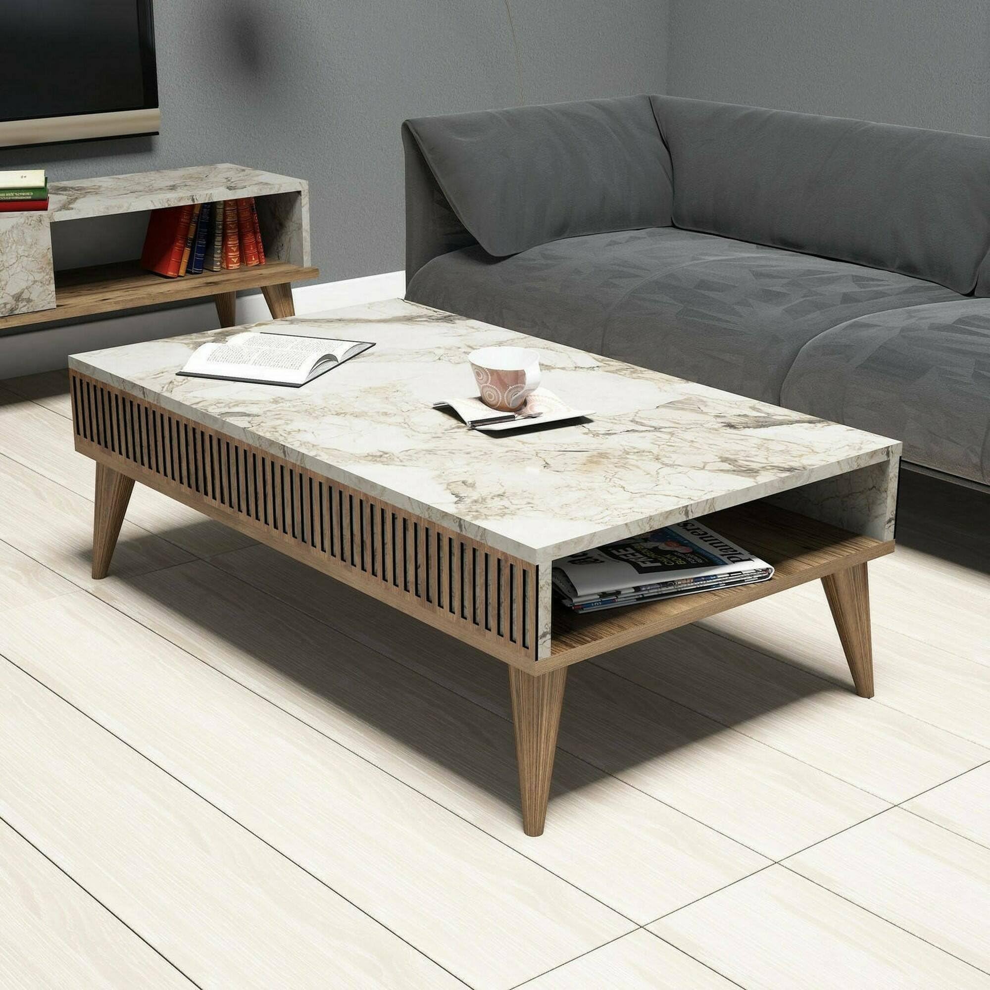 Dmora - Tavolino da Salotto Capricorn, Tavolo Basso da caffè, Portariviste per Divano, Ripiano da Soggiorno, 105x60h35 cm, Noce e Bianco