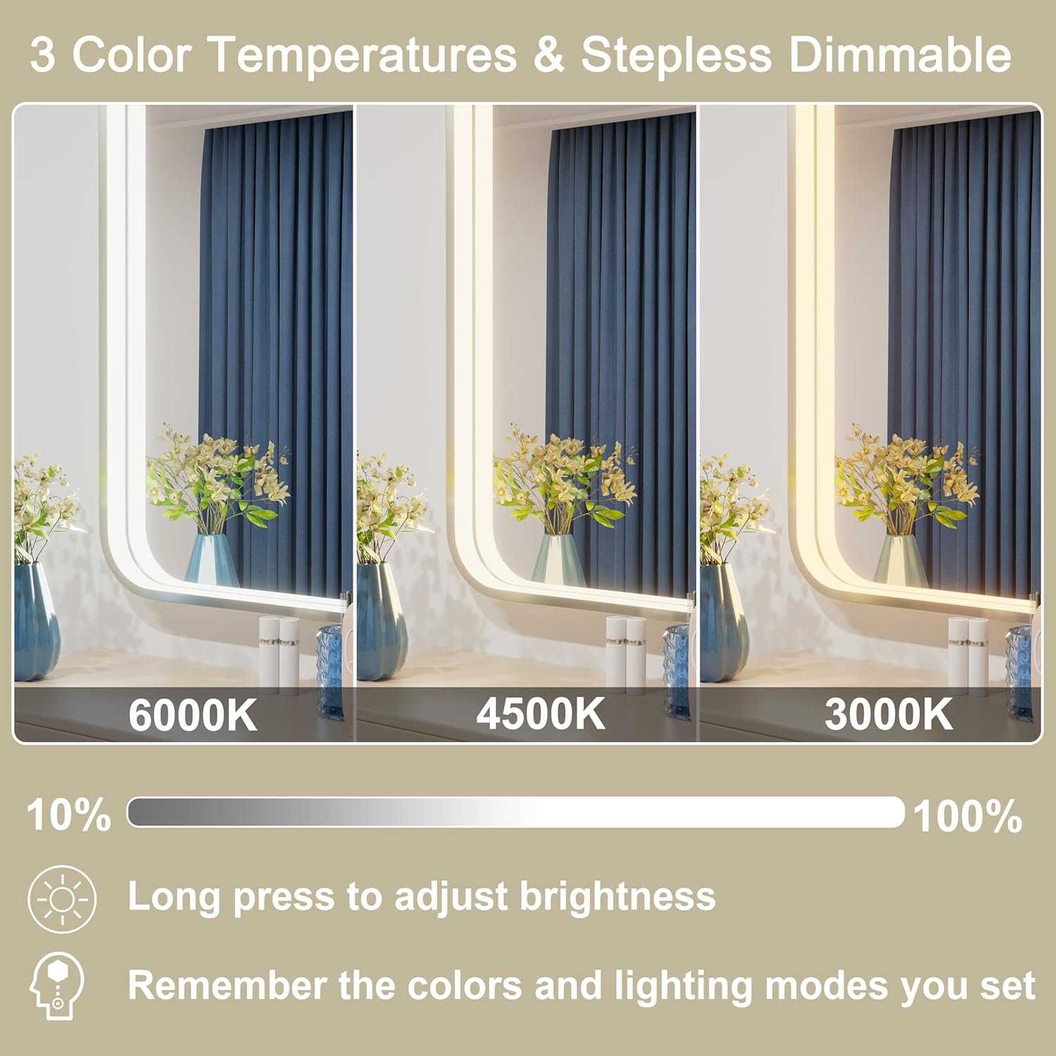 20x28 Inch Silver Frame LED Bathroom Mirror with Lights, Adjustable 3000K/4500K/6000K, Wall Mounted Lighted Bathroom Vanity Mirrors, Anti-Fog, Dimmable, Memory Funtiom, Horizontal/Vertical