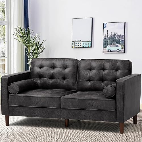 67" Faux Leather 2-Seat Sofa with 2 Bolster Pillows, Tufted Loveseat with Wooden Legs, Morden Sofa Suitable for Living Room, Office, Black