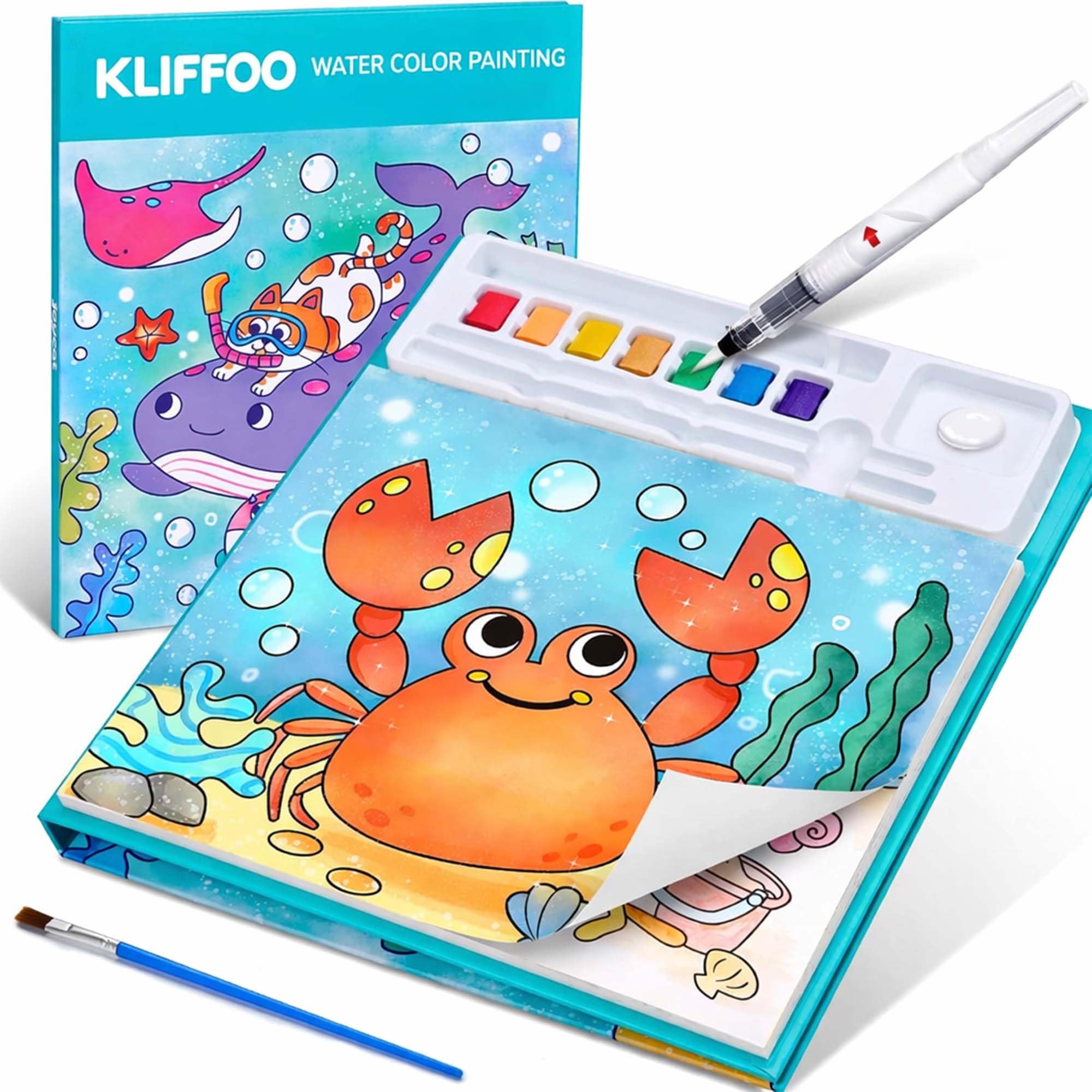 KLIFFOO Watercolor Painting Book for Kids, Coloring Notebook with Water Colorws and Brush, Creative Cartoon Coloring Books, Dip Water to Paint Painting Set for Kids, Boys, Girls, Childrens (Ocean World)
