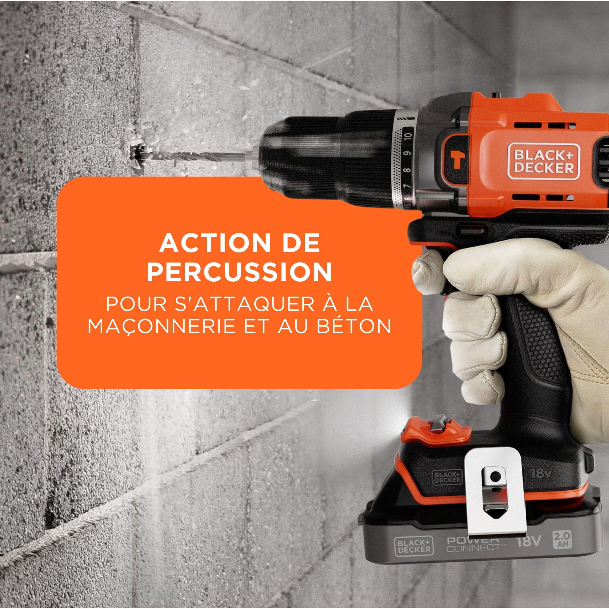 BLACK+DECKER Marteau perforateur sans fil 18V POWERCONNECT, couple 45Nm, 2 vitesses, éclairage LED, mandrin sans clé, sans batterie ni chargeur, BCD383XN-XJ