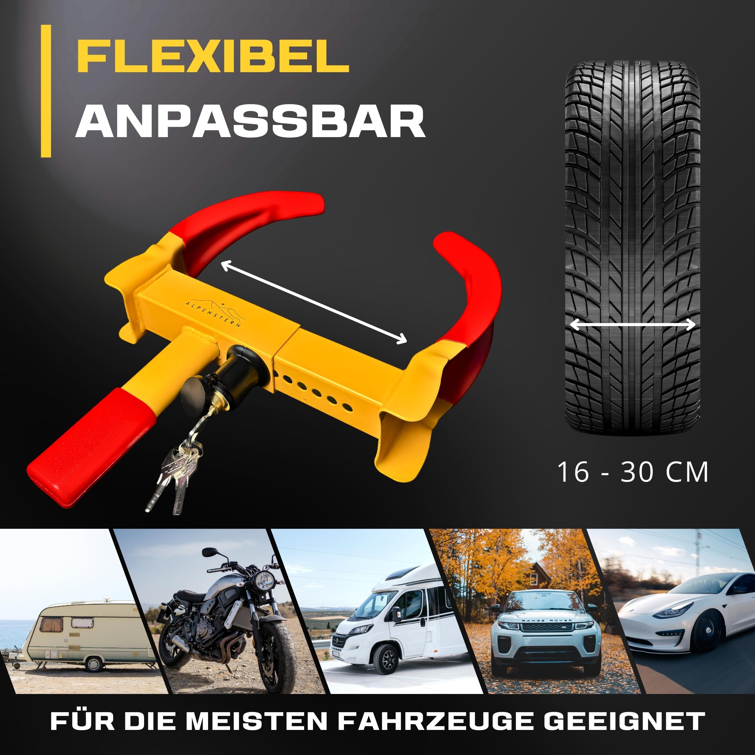 Parkkralle Radkralle für Anhänger, Auto, Wohnwagen, Wohnmobil, PKW, Wegfahrsperre Autokralle Reifenkralle mit Sicherheitsschloss + 3 Schlüssel, für 17-30cm breite Reifen, 1-Hand Bedienung