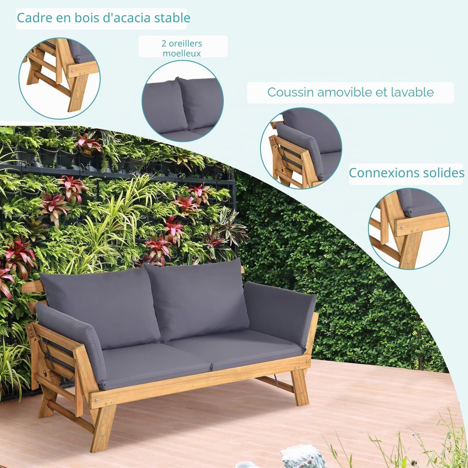KOMFOTTEU Canapé de Jardin en Bois d'acacia, 2 Places, Sofa de Jardin avec Accoudoirs Inclinables, Canapé d'Extérieur avec Coussin, 157-198 x 75 x 75 cm, pour Terrasse, Balcon, Cour (Gris)