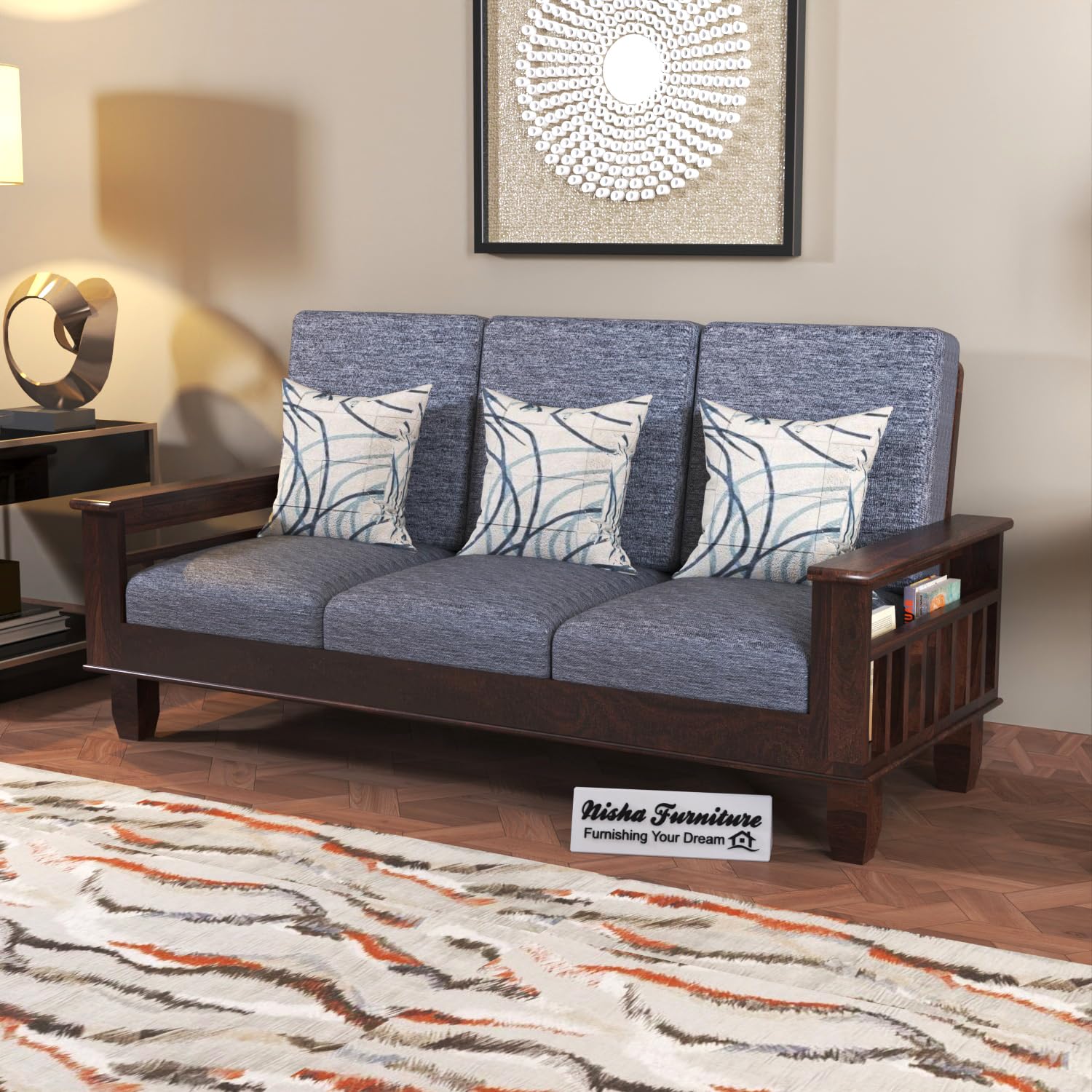 SIGNATURE KRAFT Solid Sheesham Wood 3 Seater Sofa Set for Living Room | 3 Seater Sofa for Office & Lounge | 3 Seater Sofa Sets for Home in Walnut Finish-image-1