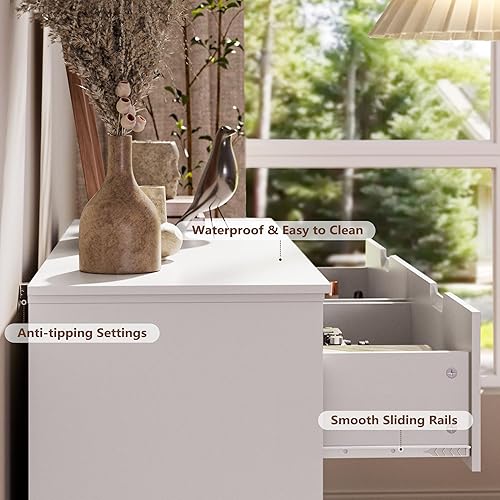 Miniatura 5 de Cómoda blanca con 6 cajones para dormitorio, cómoda doble grande de madera con asas ocultas, cómoda moderna de cajones profundos para pasillo,