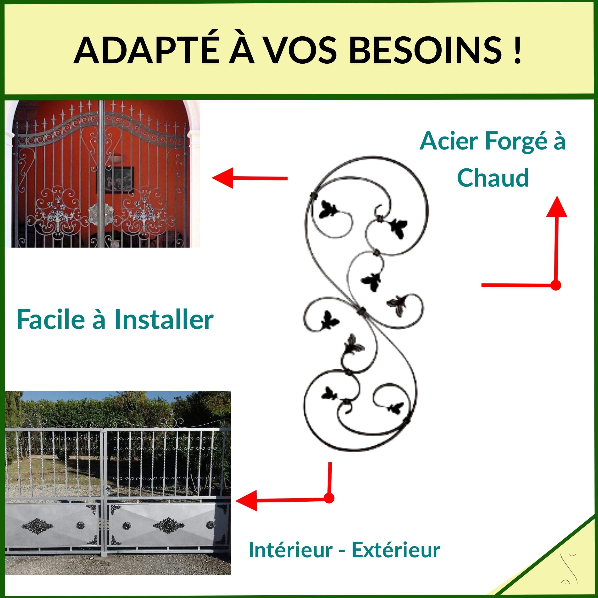 Déco fer Forgé- VOLUTE 8 Feuilles en Fer Forgé -ACIER DECORATION Durable efficacité Pieces - H 870 x 134 mm- Volute en S En Fer Plat de 12/6 mm -Usage Interieur Exterieur Satisfaction Garantie Robuste