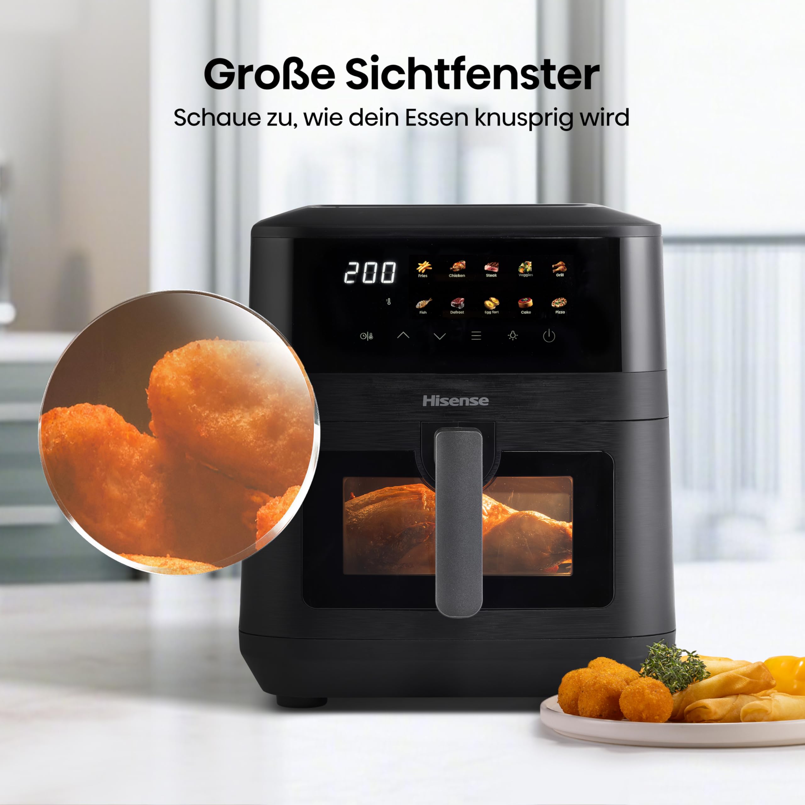 Hisense HAF2100DCD Heißluftfritteuse /2100 W /7,7 L Kapazität /10 voreingestellte Programme/Antihaft-Beschichtung/Energieeffizient/Start Delay Funktion/HxBxT: 40,1 x 31 x 35 cm/Schwarz