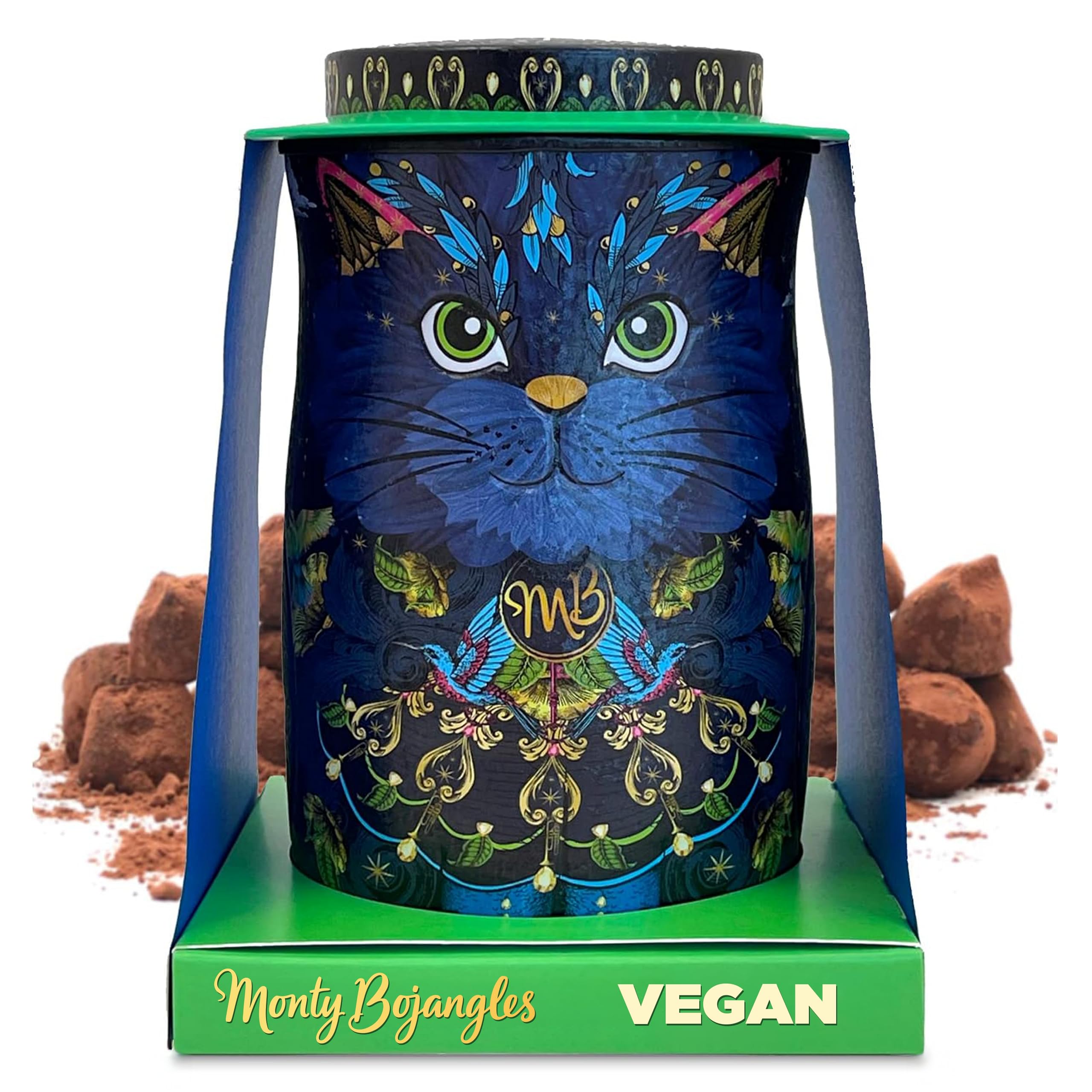 Monty Bojangles Vegan Cocoa Dusted Chocolate Truffles Cat Tin(Midnight Prince-135g)Cocoa Nib Night Flavoured Luxury Vegan Chocolate Truffles-Collectable Truffles Chocolate Gift Box With Bespoke Design