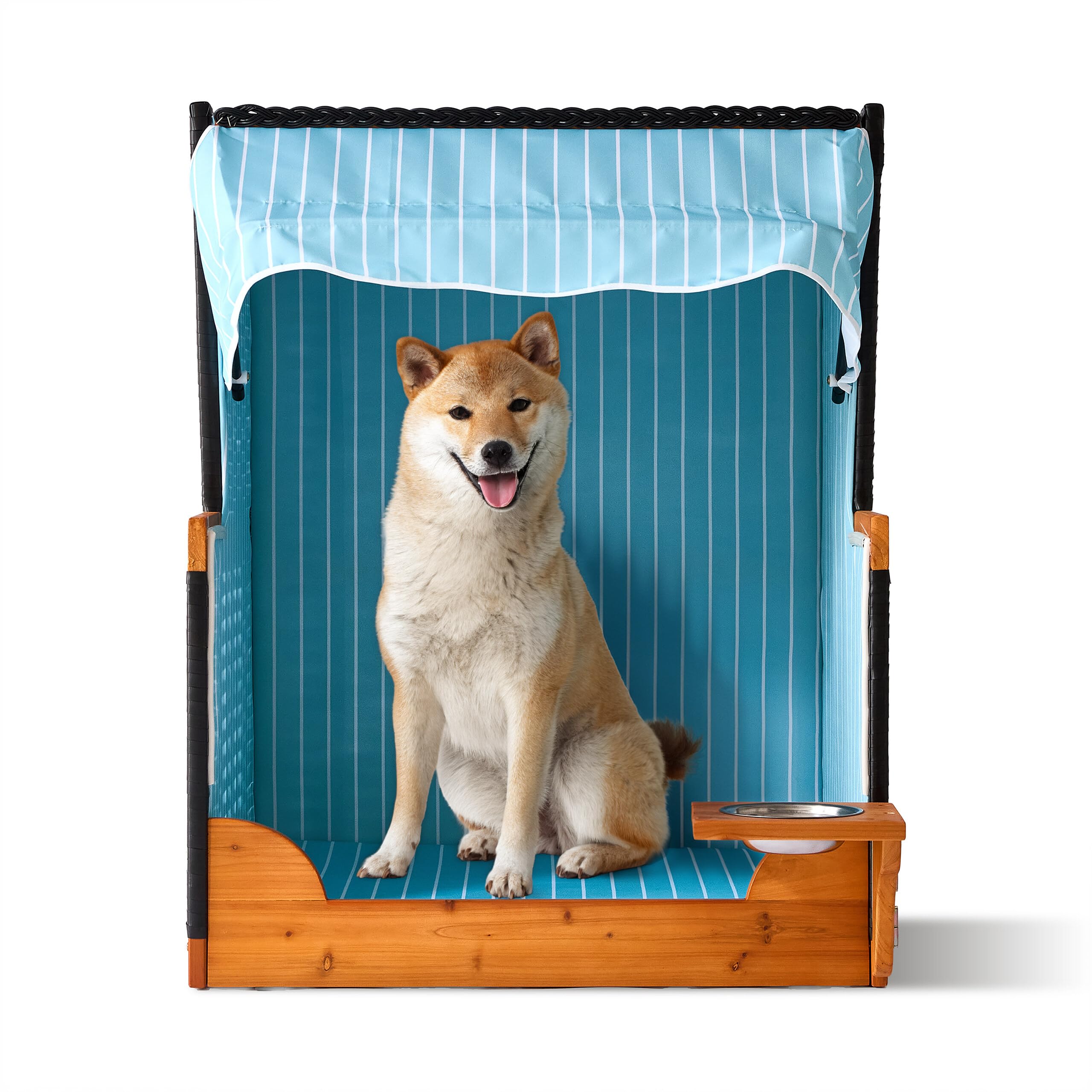 Relaxdays Hundestrandkorb, Rattan, mit Napf, Hundesessel mit Dach, HBT: 95x75x65 cm, Garten & Terrasse, Holz, hellblau
