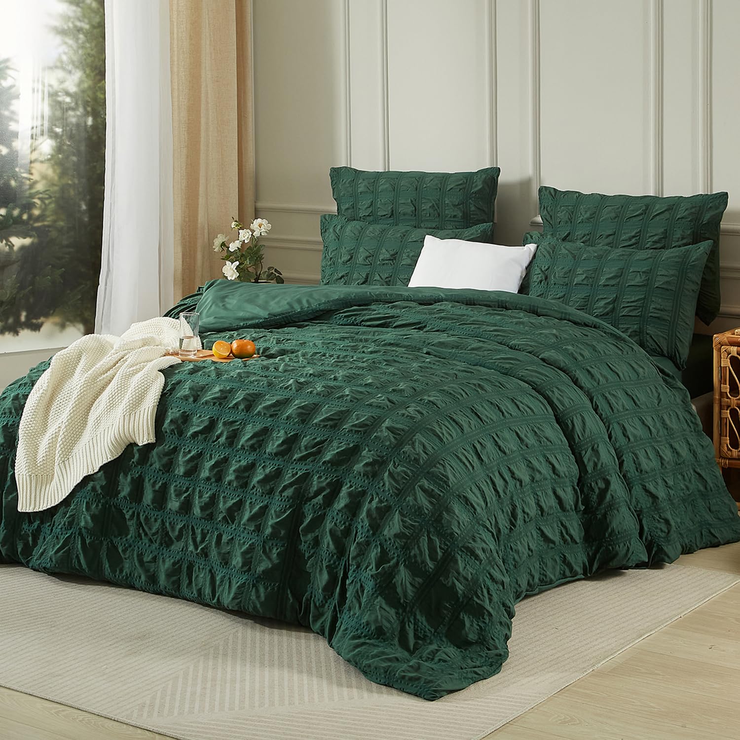 Luofanfei Seersucker Bettwäsche 135x200 Dunkelgrün Grün Sommer Kühlende Gestreiftes Karierte Uni Muster Sommerbettwäsche Atmungsaktiv Leicht Bettbezug Einzelbett und Kissenbezug 80x80 cm