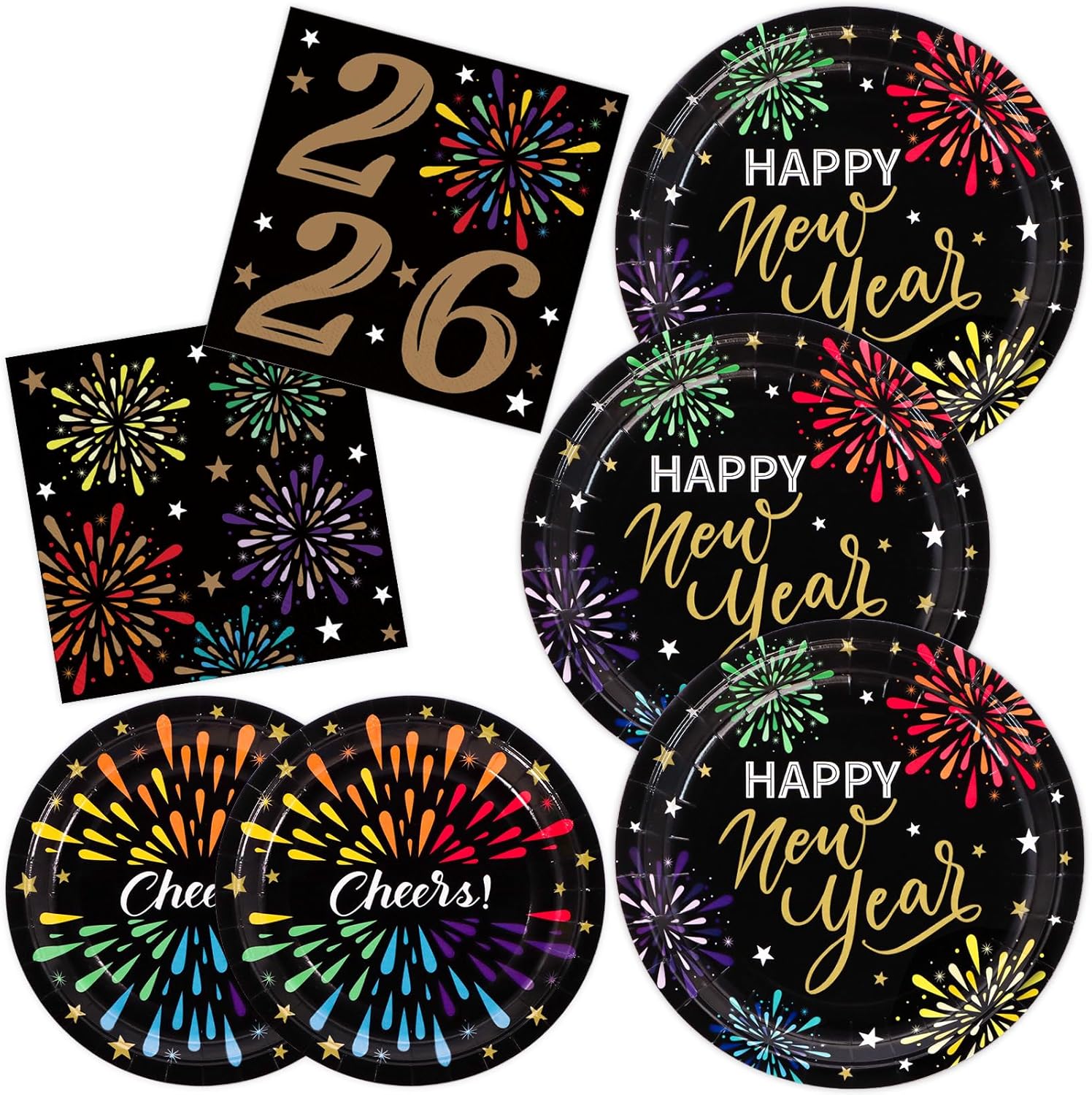 2026 New Year Party Supplies, 150 Count Disposable Tableware Set includes Disposable 9" Dinner Plates 7" Dessert Plates 3 Ply Napkins for Happy New Year Party Decorations, Serve 50