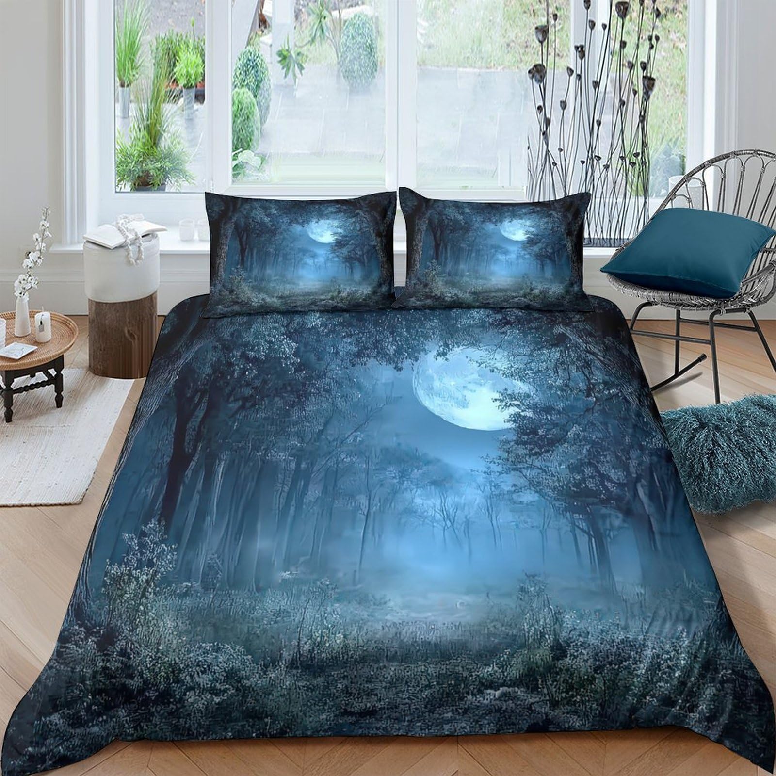 Ctjqhvkz Style-7 3D Printed Moonlit Forest Fitted Sheet Microfiber Soft Deep Blue Night Sky Bed Cover For Bedroom Dorm Decor Single（135X200cm）