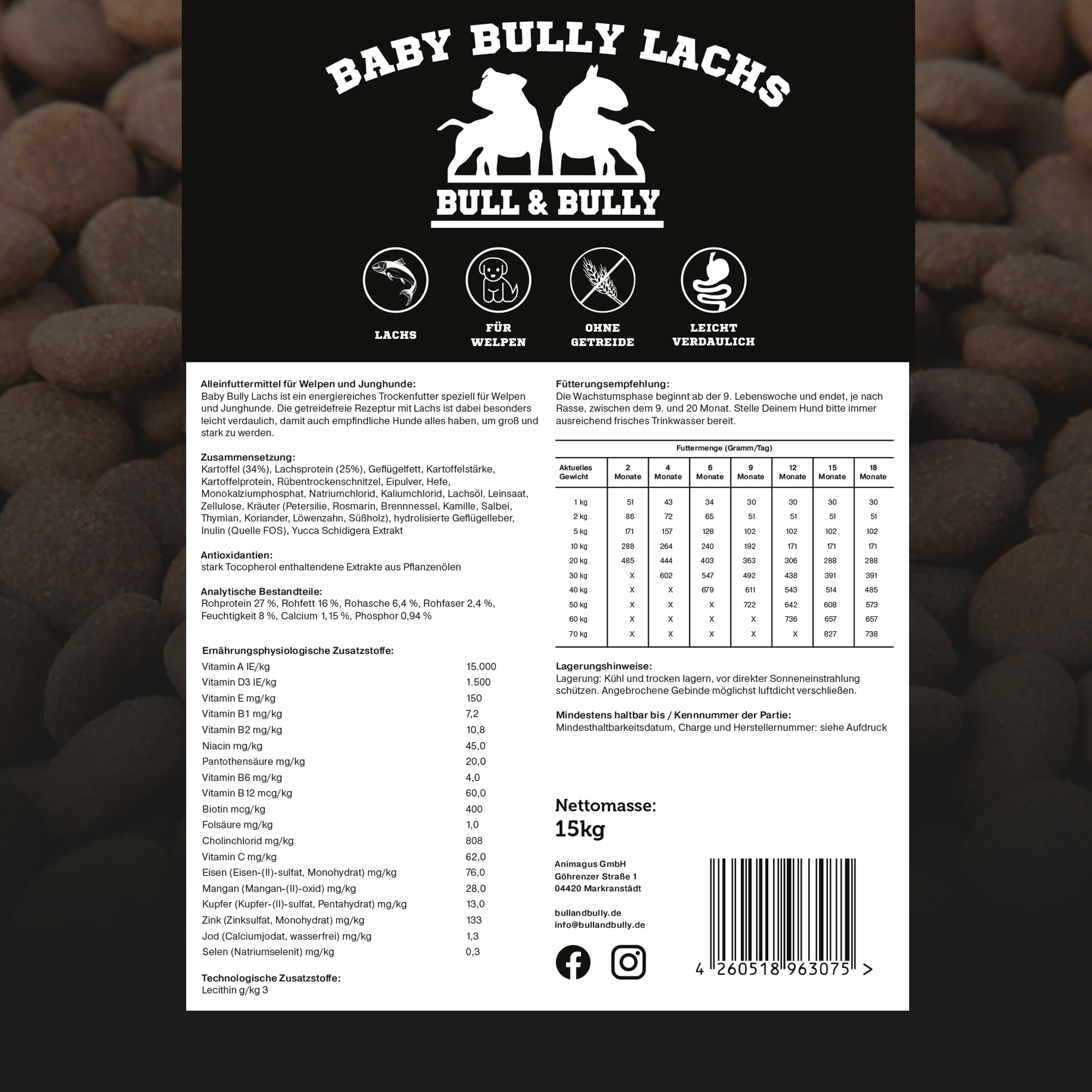 Hundefutter Trocken Baby Bully Lachs – Trockenfutter für Hunde 15Kg | Tierärztlich entwickeltes Hundetrockenfutter Premium Dog Food – Energiereiches Monoprotein Hunde Futter von BULL & BULLY