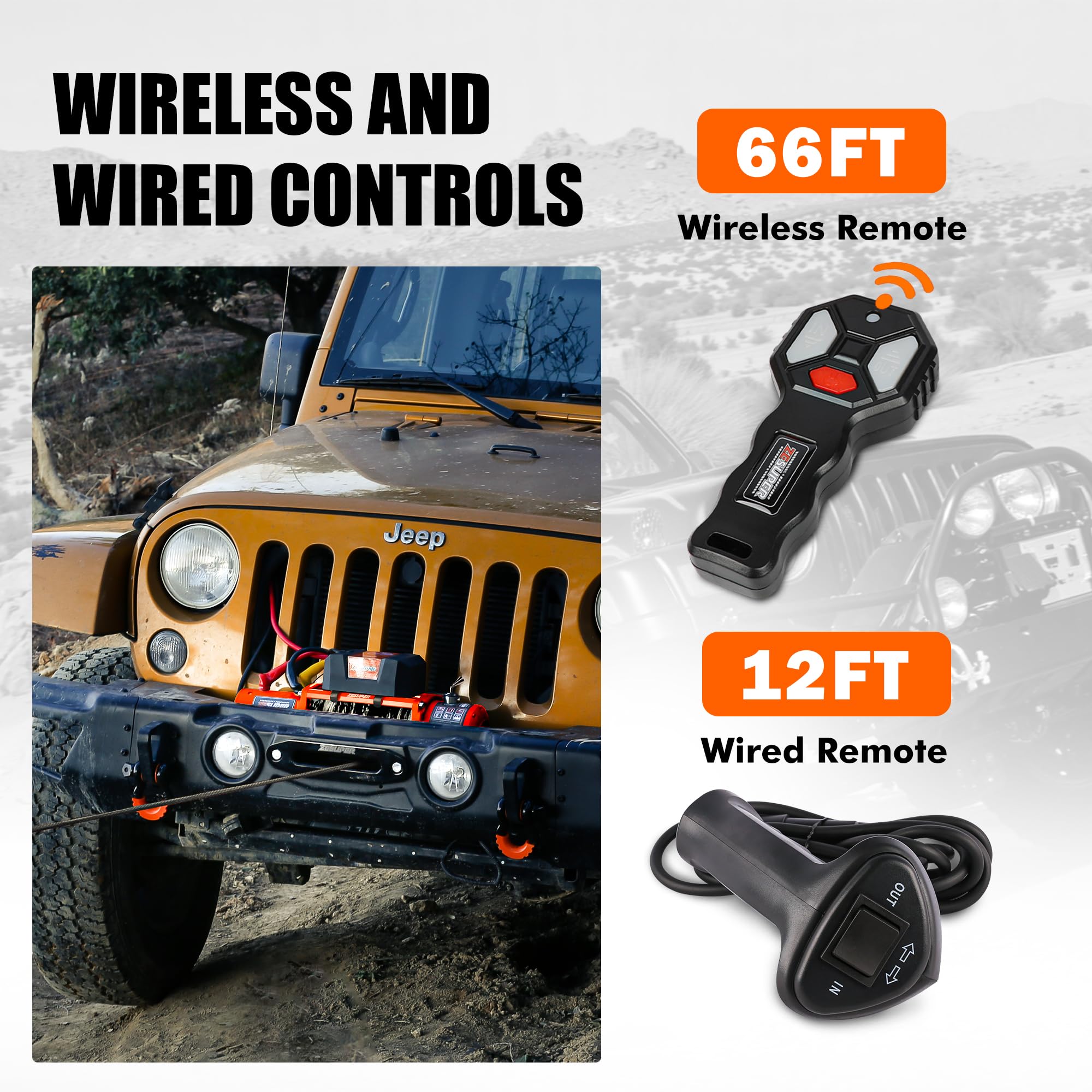 ZESUPER Wciągarka elektryczna 12 V o udźwigu 5896,7 kg, lina syntetyczna, wodoodporna wciągarka offroad, do samochodów jeepów, ciężarówek, SUV-ów, z bezprzewodowym pilotem zdalnego sterowania i