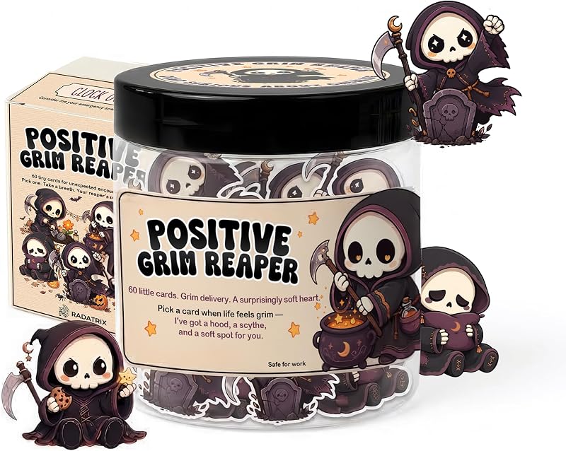Pote plástico RADATRIX com cartões de afirmação Grim Reaper, 60 unidades