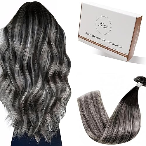 Hetto Keratin Utips - Extensiones de cabello humano invisible con punta de uñas, balayage, color negro que se desvanece a plateado, puntas en U, 18
