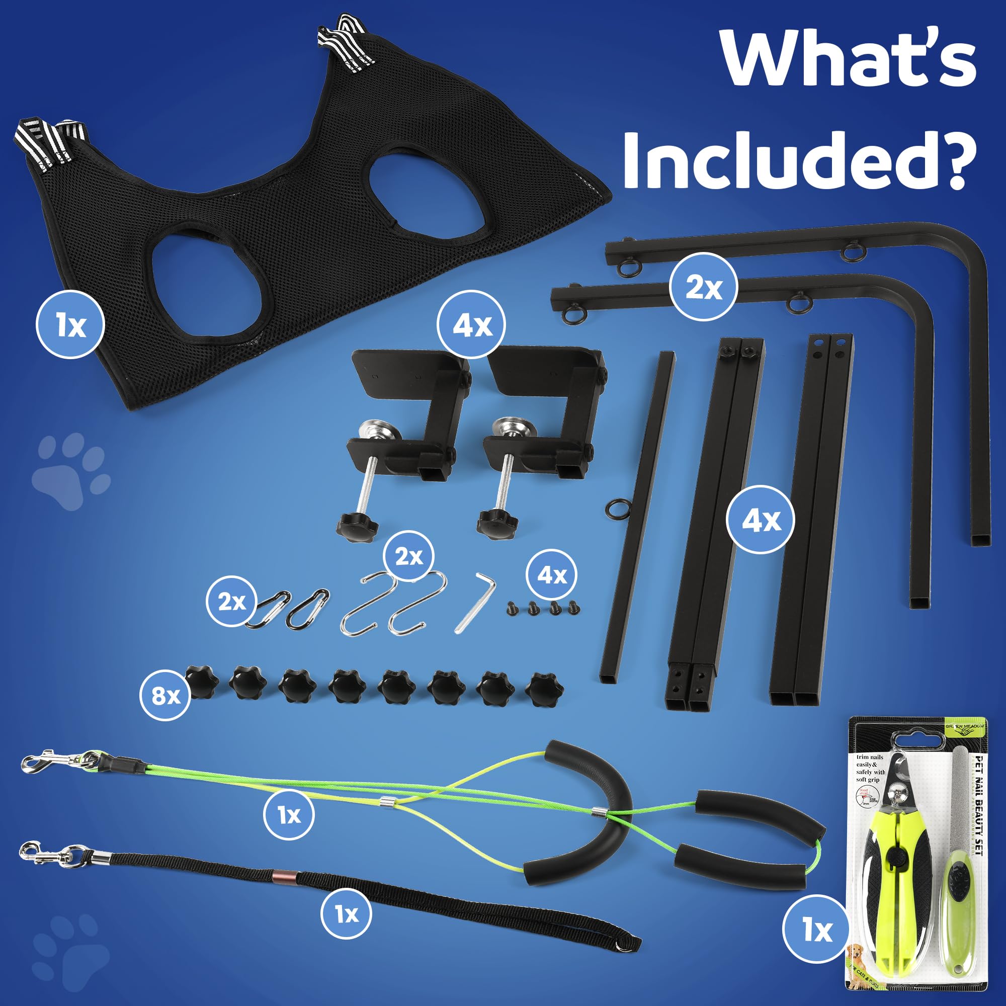 Premium Hundepflege-Arm mit Klemme & Hundepflege-Hängematte – robuster Fellpflegetisch für Hunde zu Hause – Nagelknipser für Hunde – komplettes Haustierpflegeset & Hundegeschirr zum