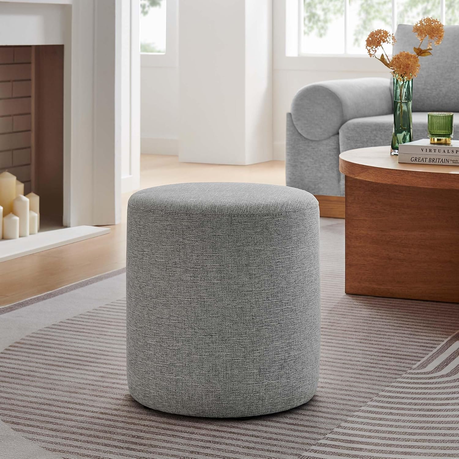 Modway Callum 16 Inch Round Ottoman in Heathered Weave Light Gray - Woven Heathered Fabric - Upholstered Ottoman for Living Room - Ottoman Side Table, Vanity Seat, Accent Table or Footrest Ottoman