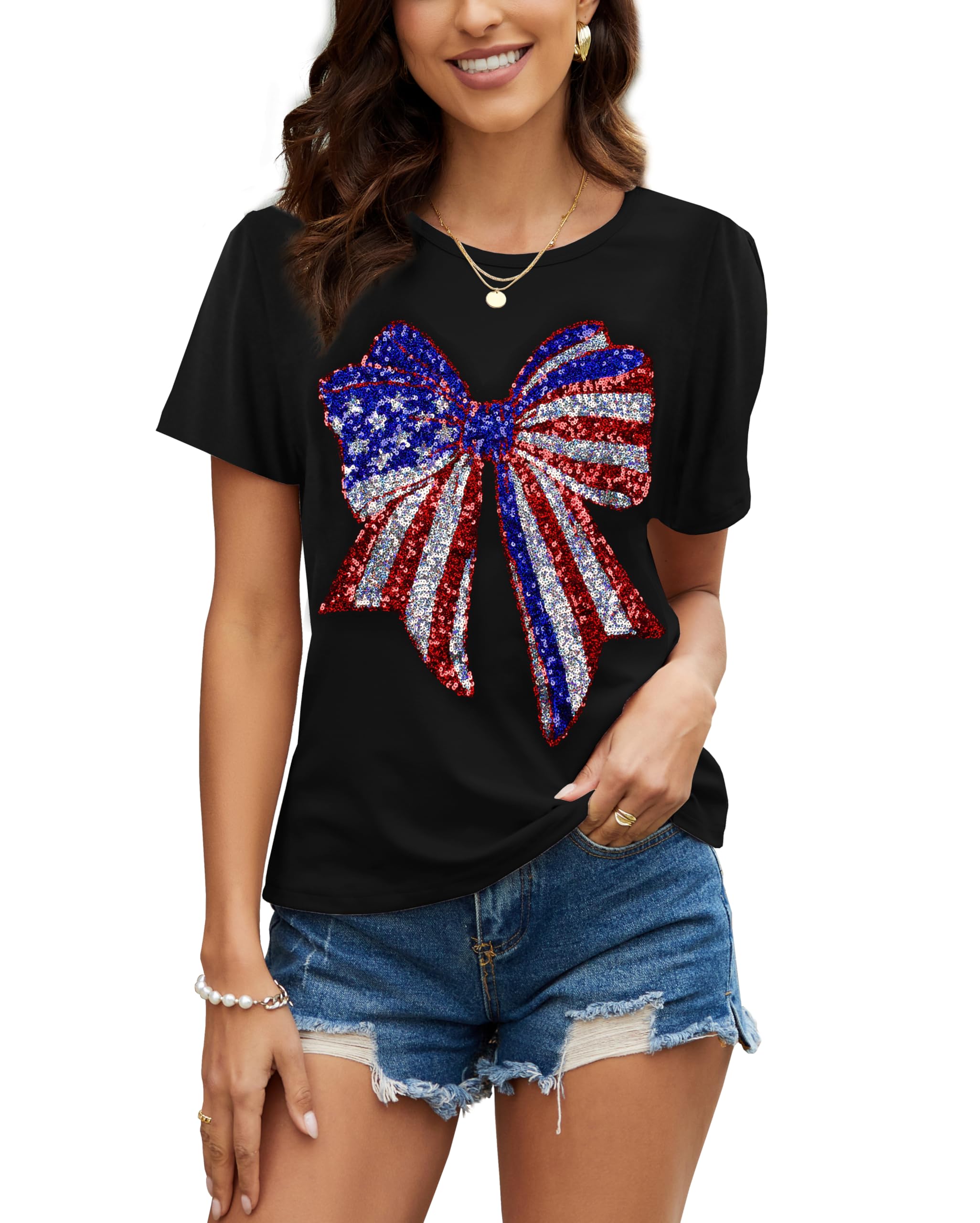 PESION Womens Short Sleeve T-Shirt Sequined Tops O-Neck Funny Graphic Tees Blouse