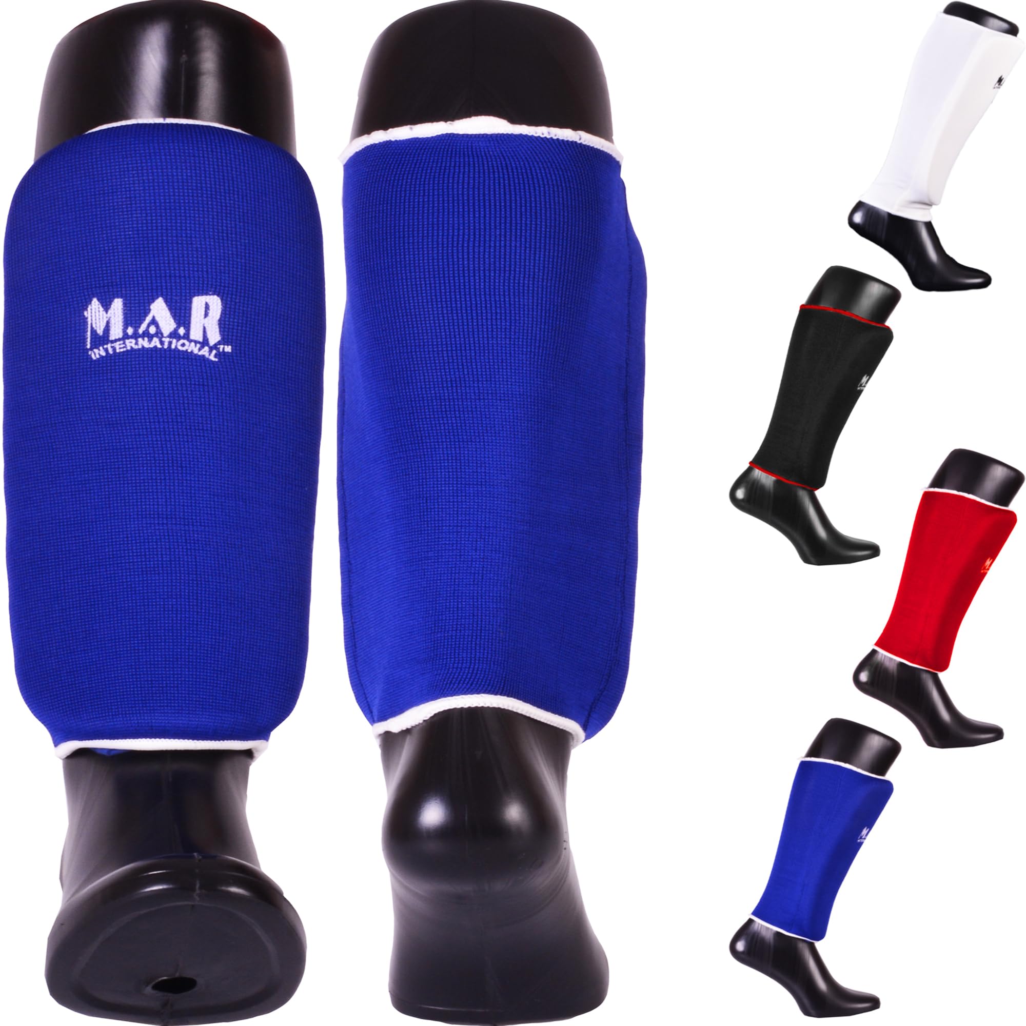 MAR | Blue Elasticated Shin Guards for Contact Sports, Slip-On Design with Layered Foam Padding, Training Shin Pads for Kickboxing, Muay Thai, MMA, Karate, Taekwondo & More, Wrestling Kickpads (XL)