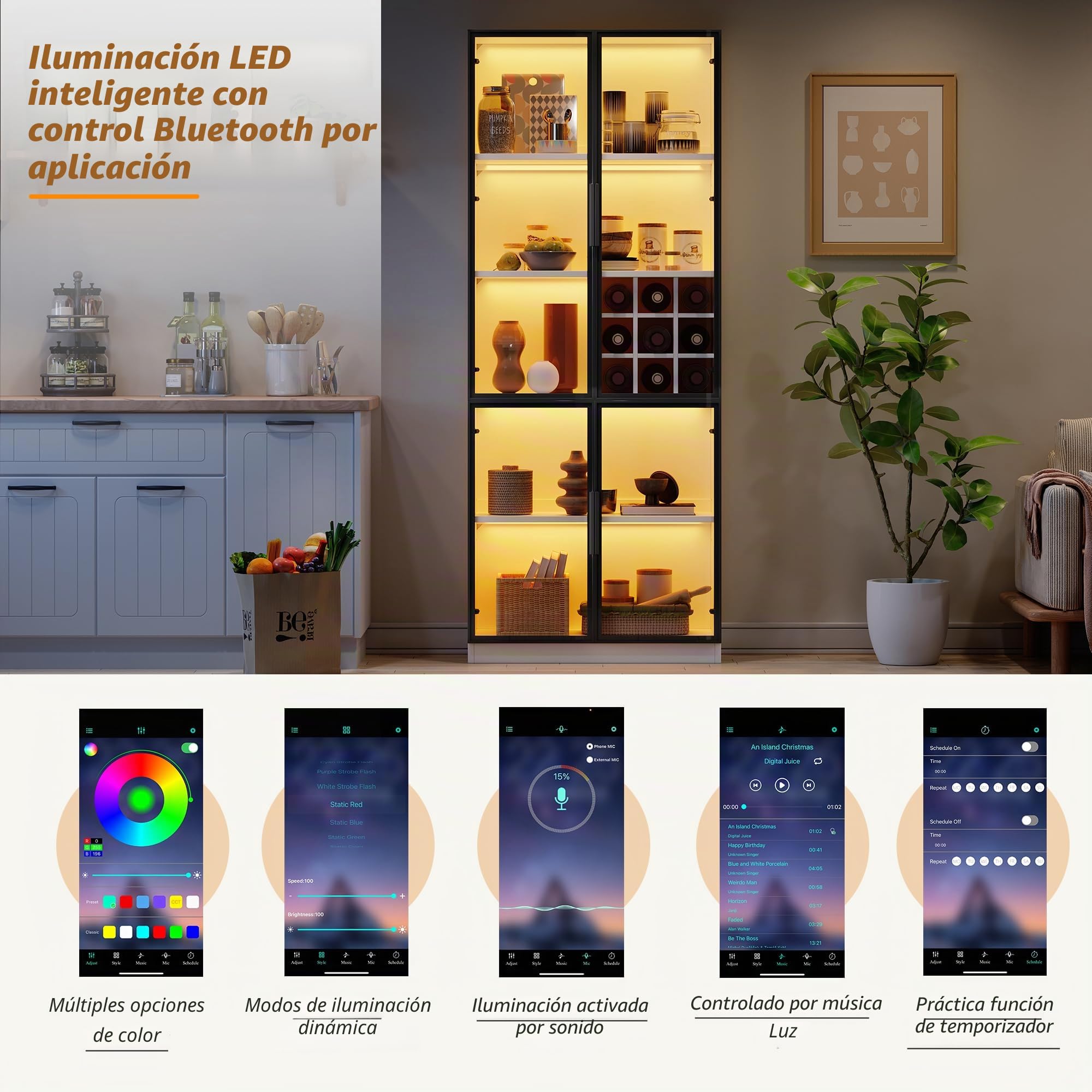 Vitrina de cristal con puertas de cristal con LED, armario alto, vitrina de pie, elegante aparador con puertas dobles, estantería de cristal y soporte para vino, 80 x 35 x 200 cm