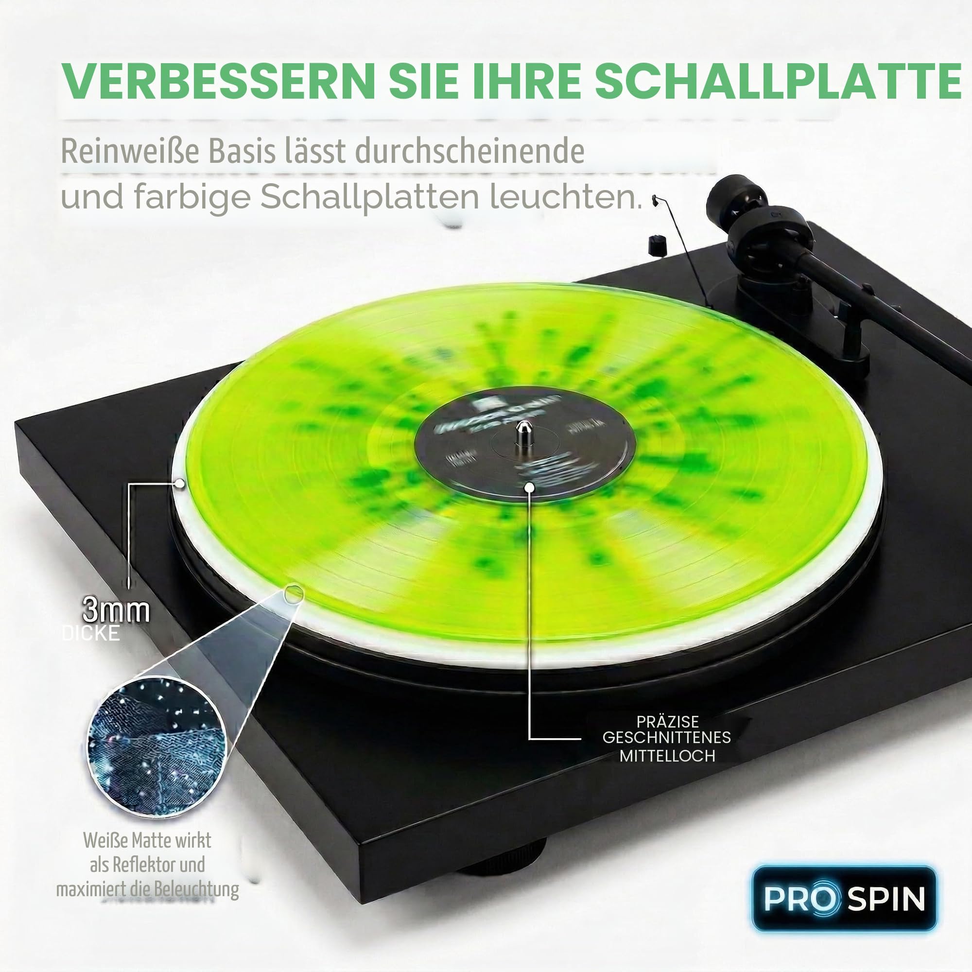 PRO SPIN Weiße Acryl-Plattenspielermatte – Platter Slipmat für 30,5 cm Vinyl-Schallplattenspieler – antistatische Abdeckung, reduziert Geräusche und Geräusche von statischer Aufladung und Staub –