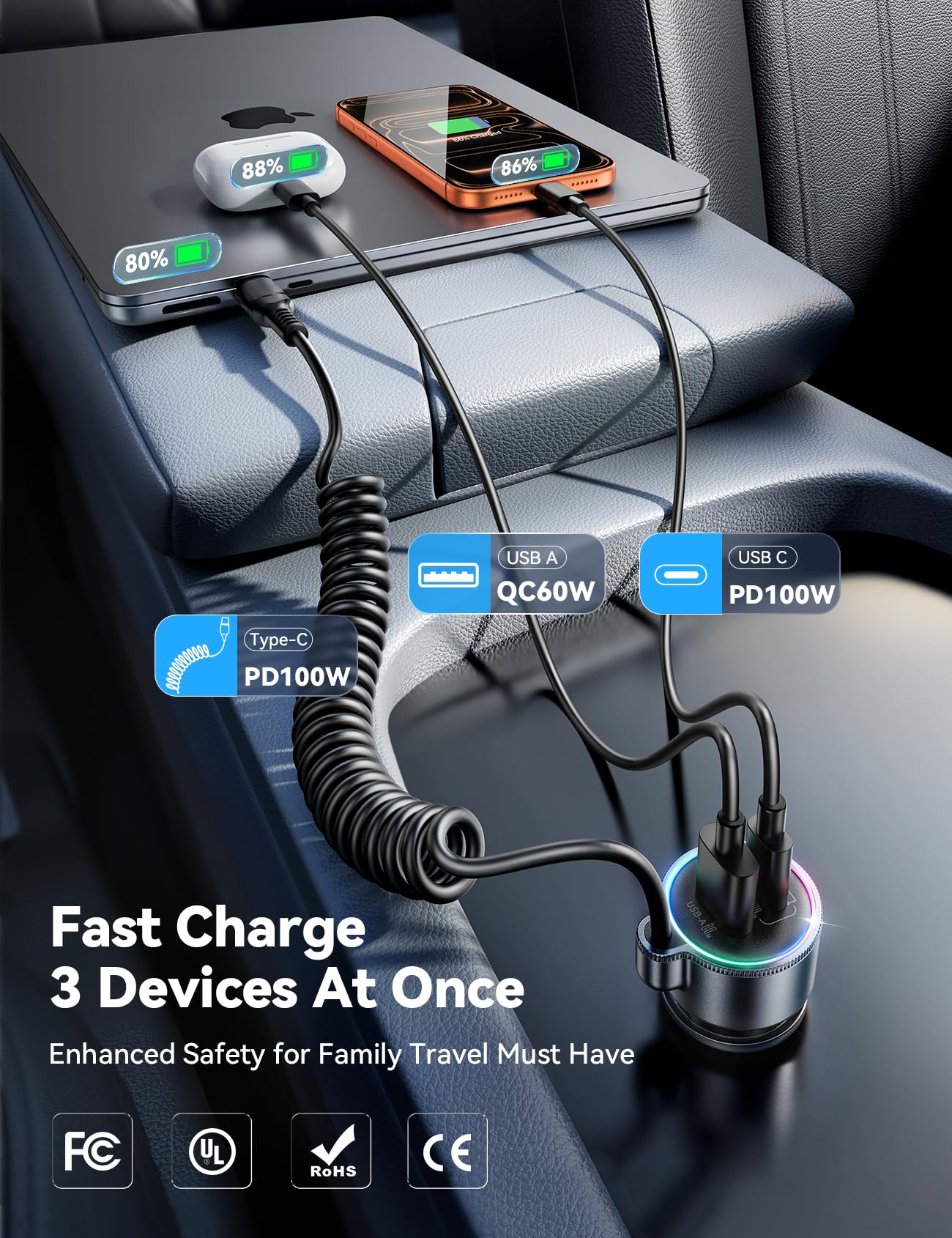 200W Car Charger USB C, PD100W Fast Charge w/100W Type C Fast Charging 5FT Coiled Cable, PD3.0/QC4.0/PPS Cigarette Lighter Phone Adapter for iPhone 17/16 ProMax, MacBook Pro/Air, Samsung S26/S25, iPad - 4