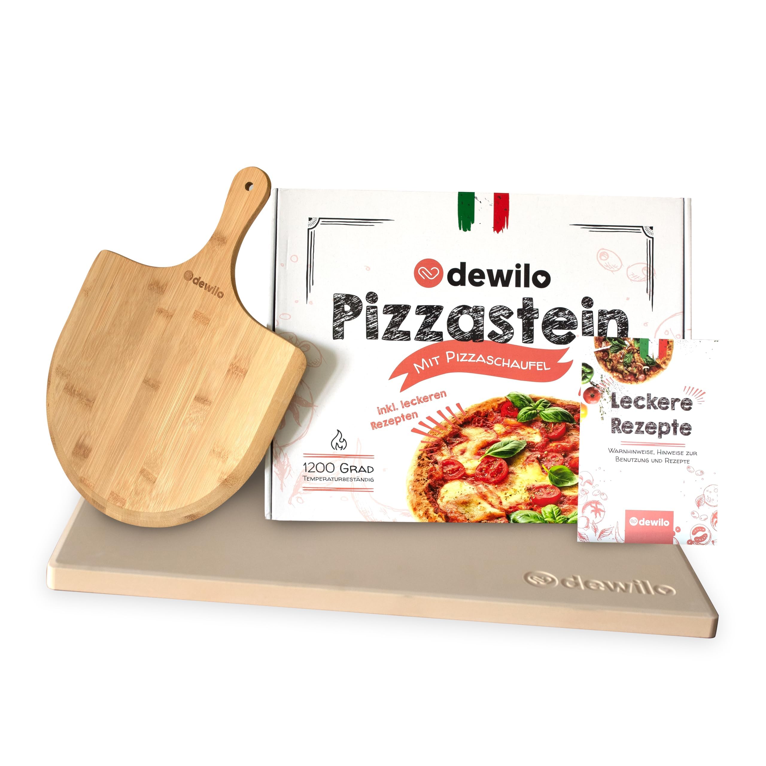 Pizzastein + Pizzaschaufel für Backofen und Grill: Pizza Stein eckig (rechteckig) aus Cordierit + Rezeptheft – die Steinplatte für eine knusprige Pizza wie aus dem Steinofen – Gasgrill geeignet
