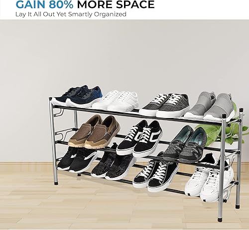 Miniatura 3 de Zapatero organizador de almacenamiento ajustable patentado de 3 niveles | portátil, antideslizante, estante de metal de pie para entrada con pies de