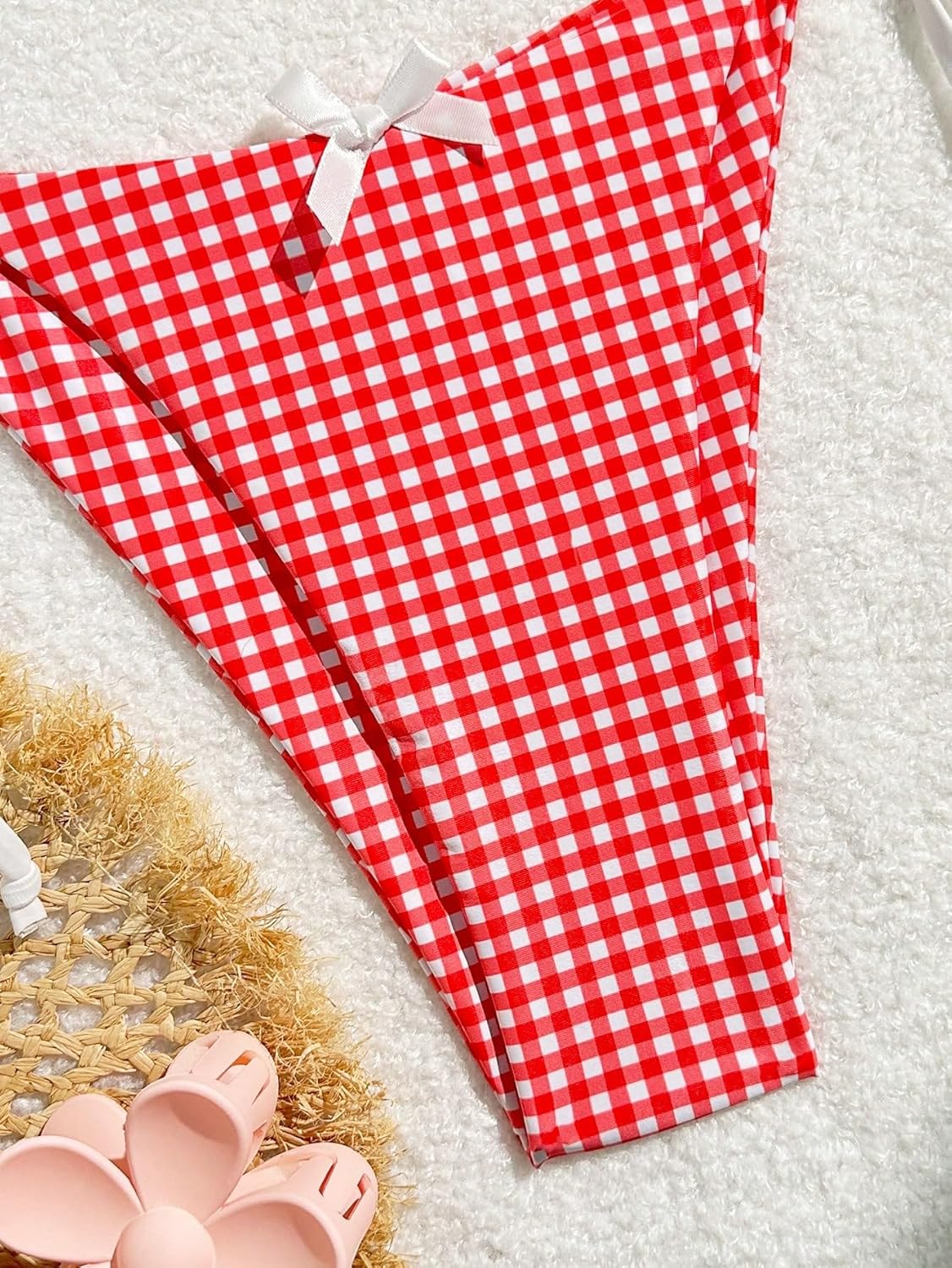 Women's 2 Piece Gingham Bikini Set Cute Triangle Thong Bikini Halter String Bathing Suit High Cut Cheeky Swimsuit - Image 2