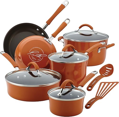 Rachael Ray Cucina Nonstick Cookware Pots and Pans Set, 12 Piece, Pumpkin Orange Naranja (Pumpkin Orange)
