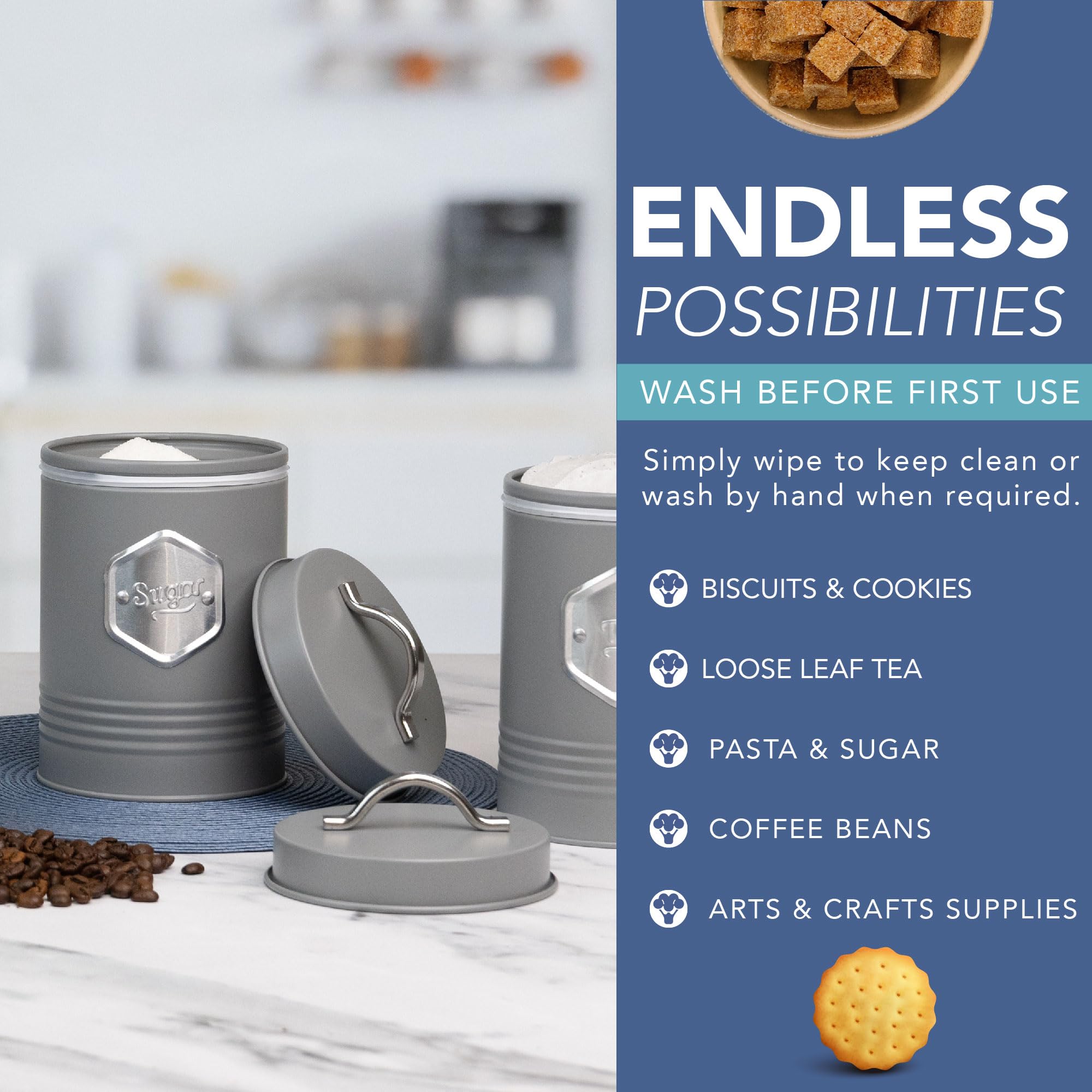 HEFTMAN Grijze keuken canister set - stijlvolle 5-delige keuken opslag bus set voor brood, koekjes, suiker koffie thee HEFTMAN Grijze keuken canister set - stijlvolle 5-delige keuken opslag bus set voor brood, koekjes, suiker koffie thee