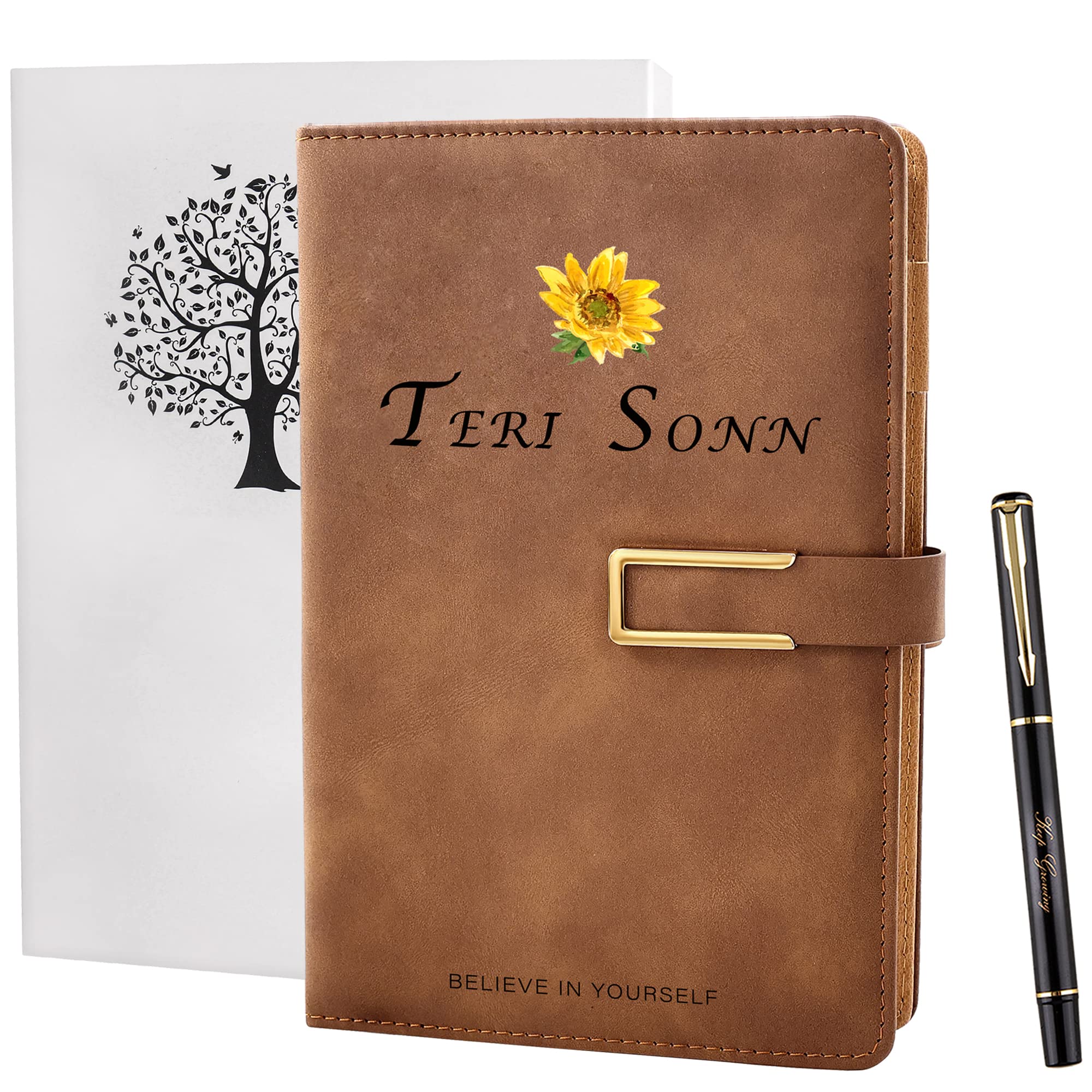 Fanery Sue Refillable Writing Personalized Journal Cover for Men & Women Faux Leather Hardcover A5 with Magnetic Buckle - No Refill Page Included (Brown-Flower)