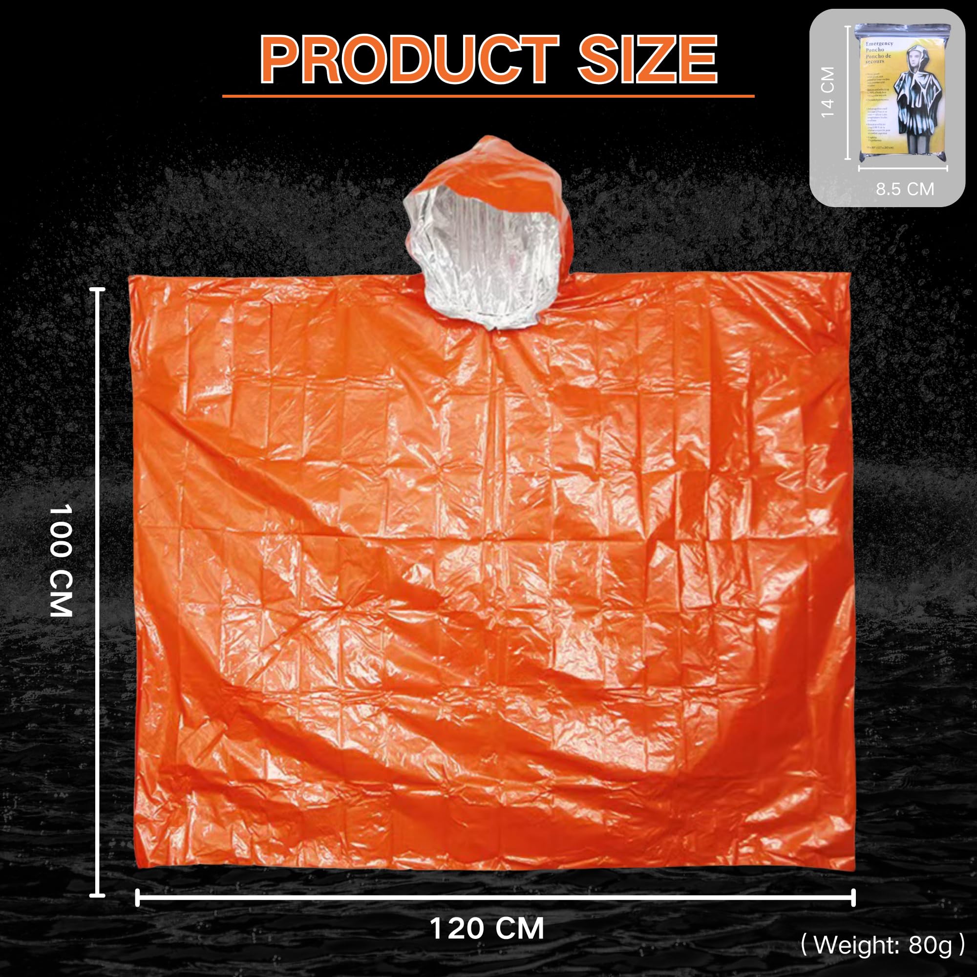 Poncho de supervivencia térmica Mylar, naranja+plata, verde+plata, 1 unidad