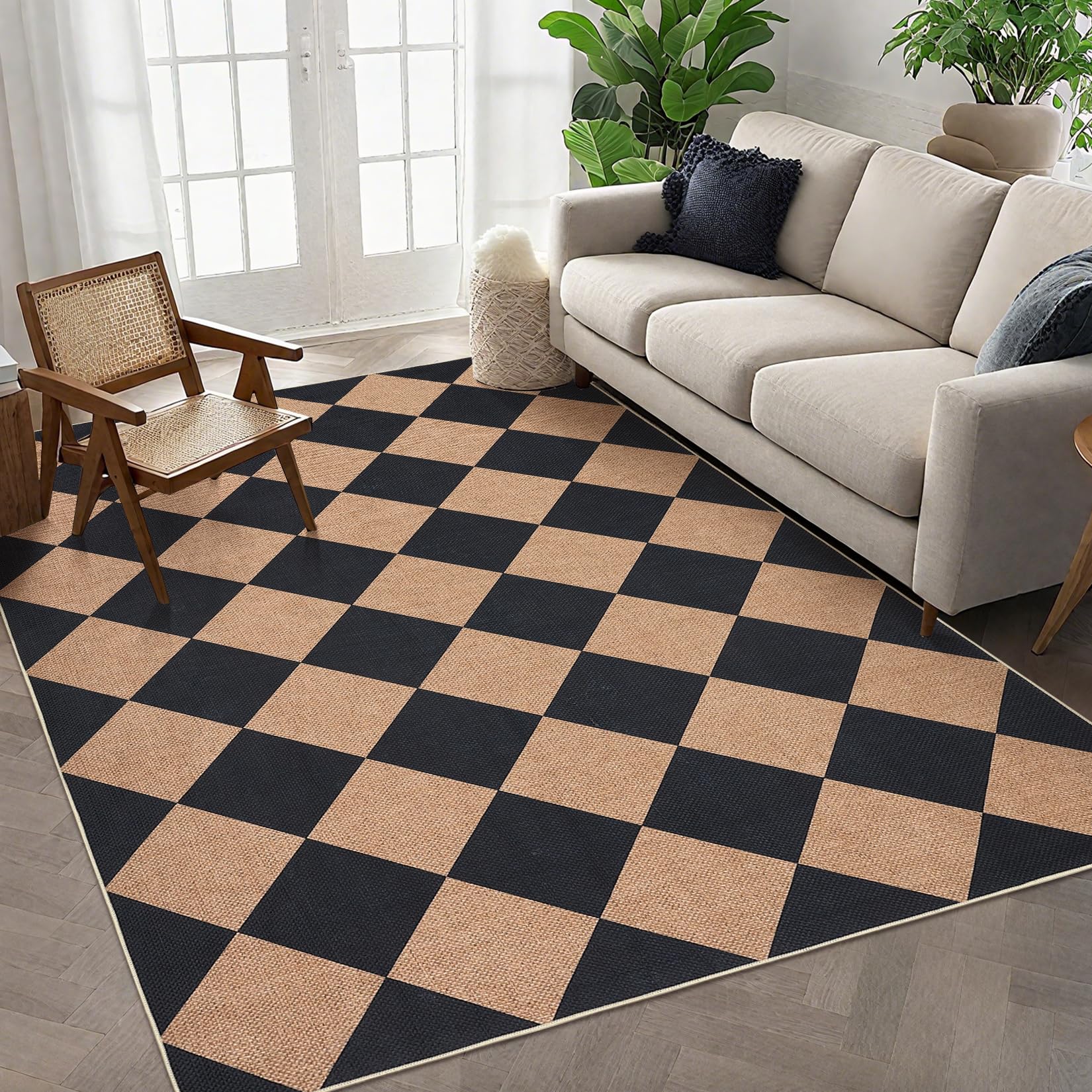 GarveeHome Checkered Easy Jute 3x5 Entryway Rug Machine Washable Outdoor Patio Rug Non-Slip Backing Checkerboard Black Tan Indoor Outdoor Carpet for