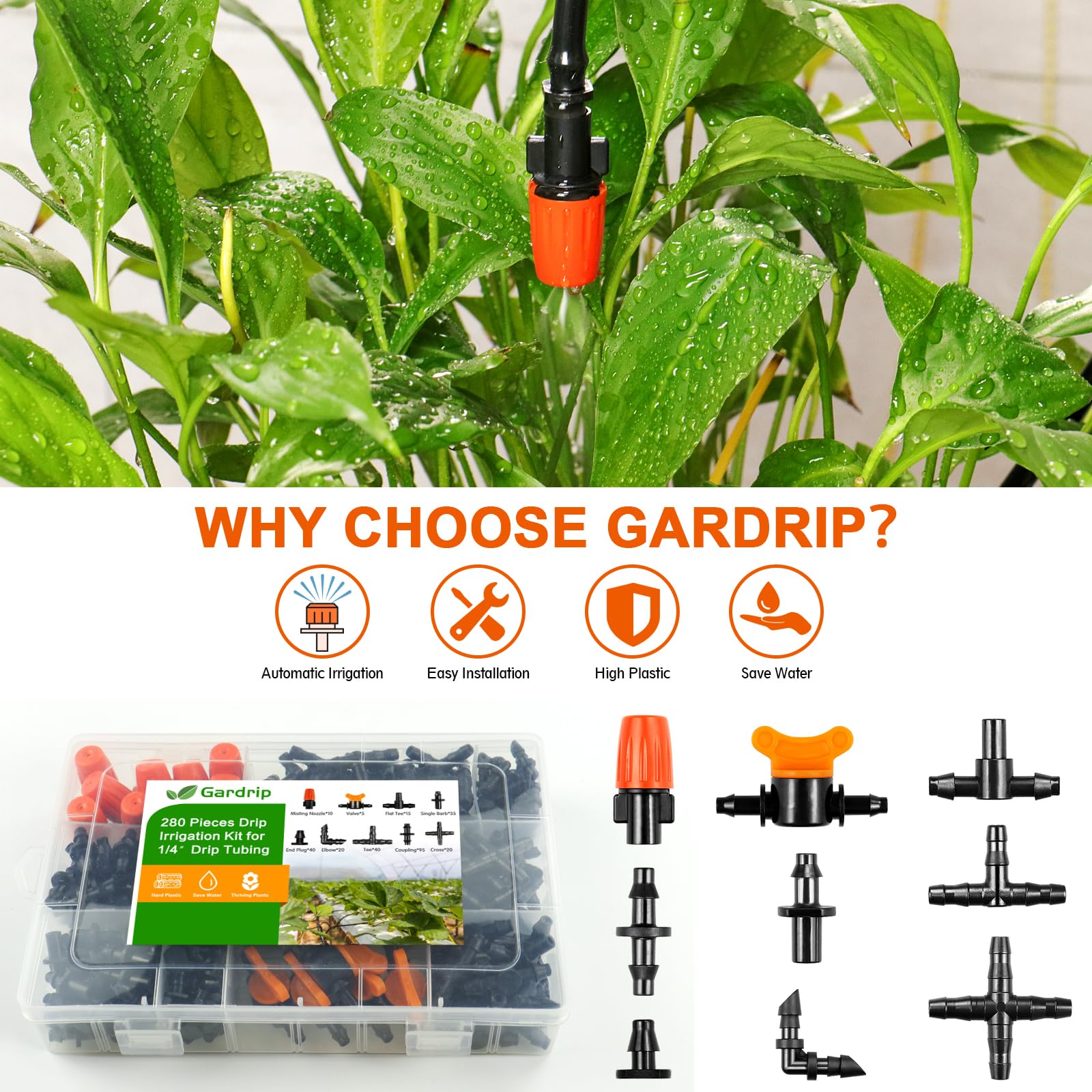 Gardrip Kit de accesorios de riego por goteo de 280 piezas para tubos de 1/4 pulgadas: conectores de púas para sistema de goteo Gardrip de 1/4 pulgadas (boquillas, boquillas en T, válvulas, púas
