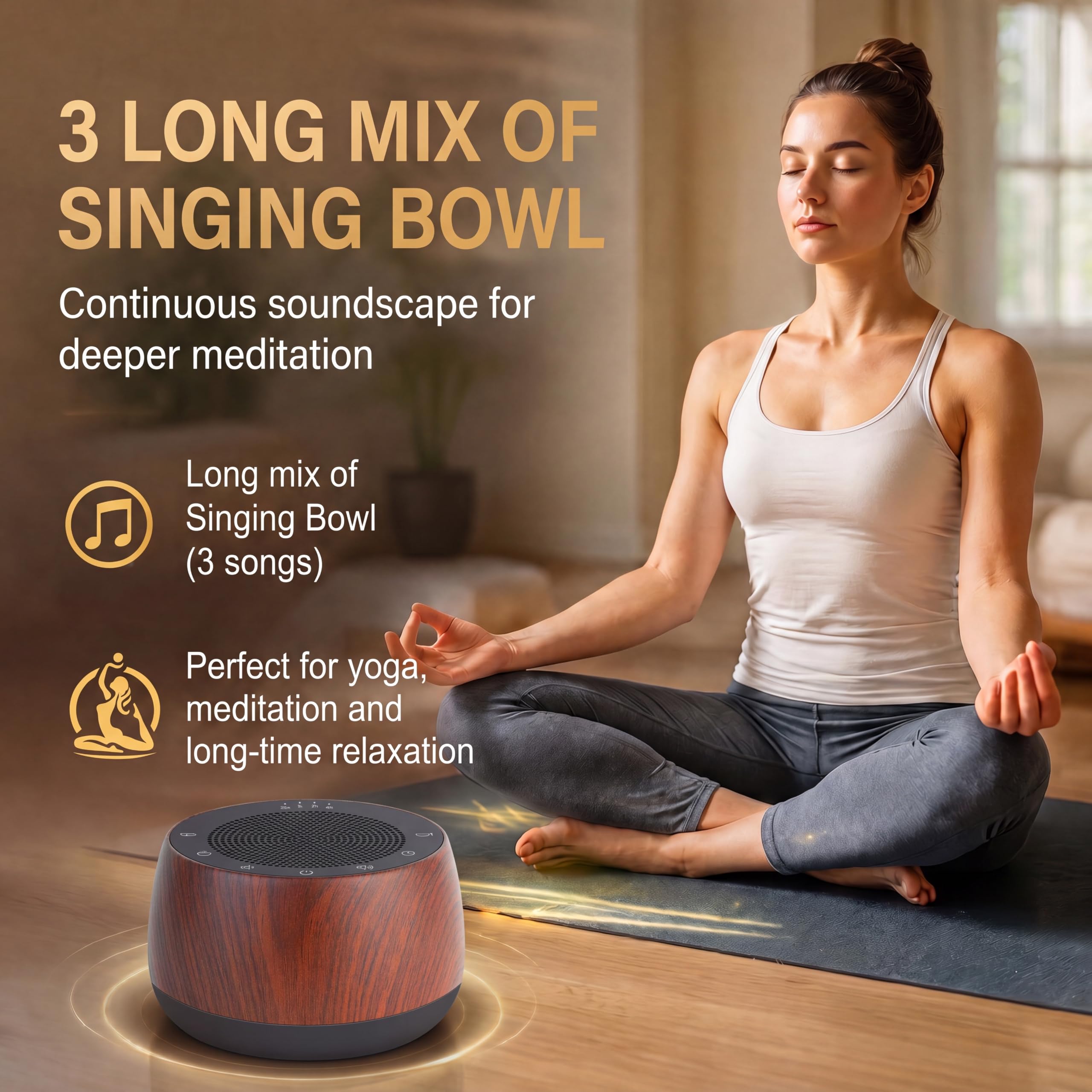 Cuenco Tibetano Electrónico, Máquina de Sonidos Inalámbrica con Temporizador, Accesorios de Meditación Yoga y Dispositivo de Terapia de Sonido para Casa y Estudio (Veta de Madera)