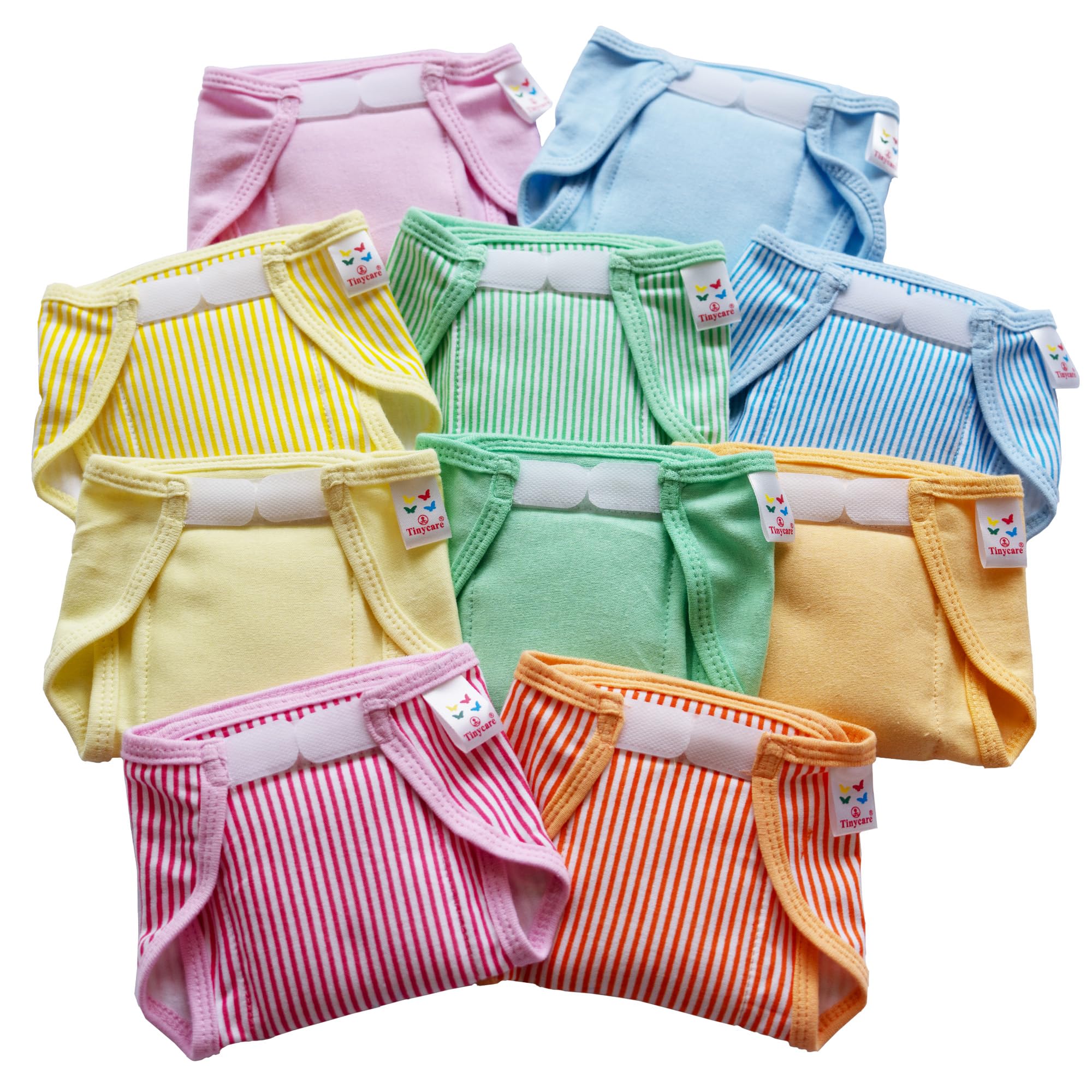 Tinycare New Born Baby's Cloth Nappies For Kids & Infants, Ultra Soft Knitted Striped Prints with Cushion comfort Velcro Langot/Nappy/Diapers (Pack of 10) Washable and Reusable-Size-M-image-17