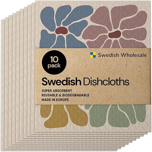 Swedish Wholesale Swedish DishCloths for Kitchen- 10 Pack Reusable Paper Towels Washable - Eco Friendly Cellulose Sponge Microfiber Dish Cloths - Kitchen Essentials - Retro Flower