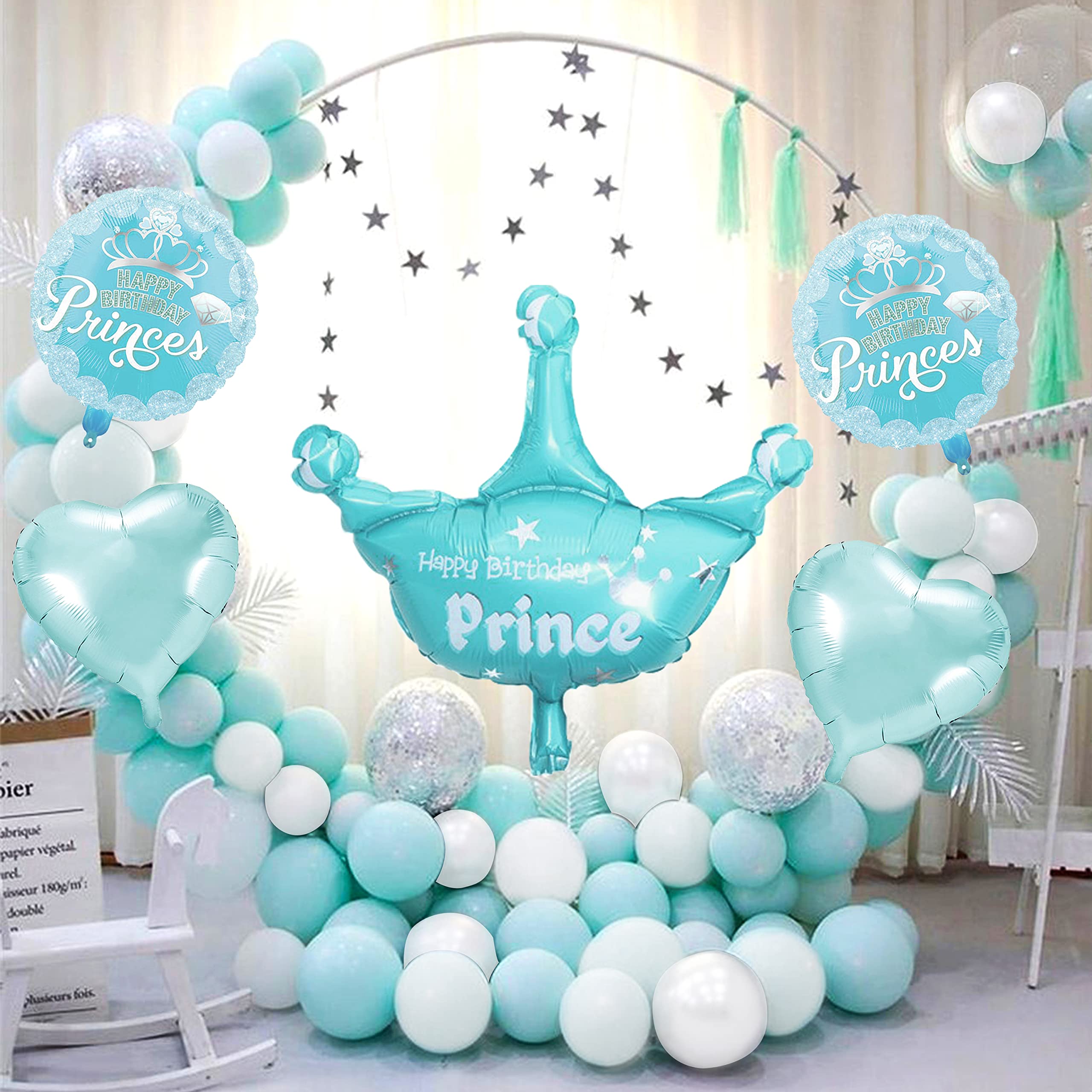 Just Party Set of 35 Pcs New Born Baby Boy Welcome Decoration Kit-1 Prince Crown Blue,2 Star,2 Printed Round Happy Birthday Prince Foil Balloons,10 Silver, 10 White & 10 Blue Mettalic Balloon