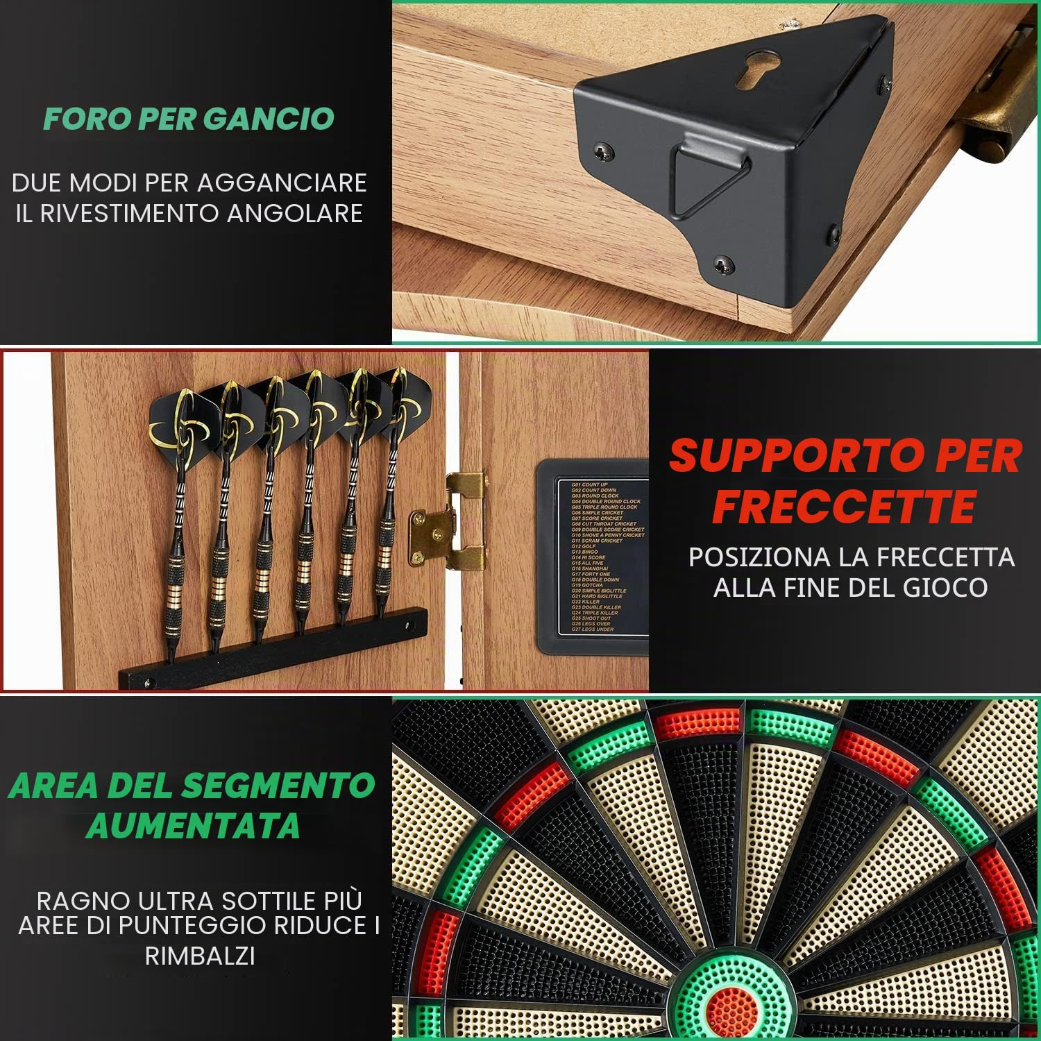 Bersaglio per freccette, set decorativo per freccette [12 freccette morbide], bersaglio elettronico – ante in legno con tabellone integrato