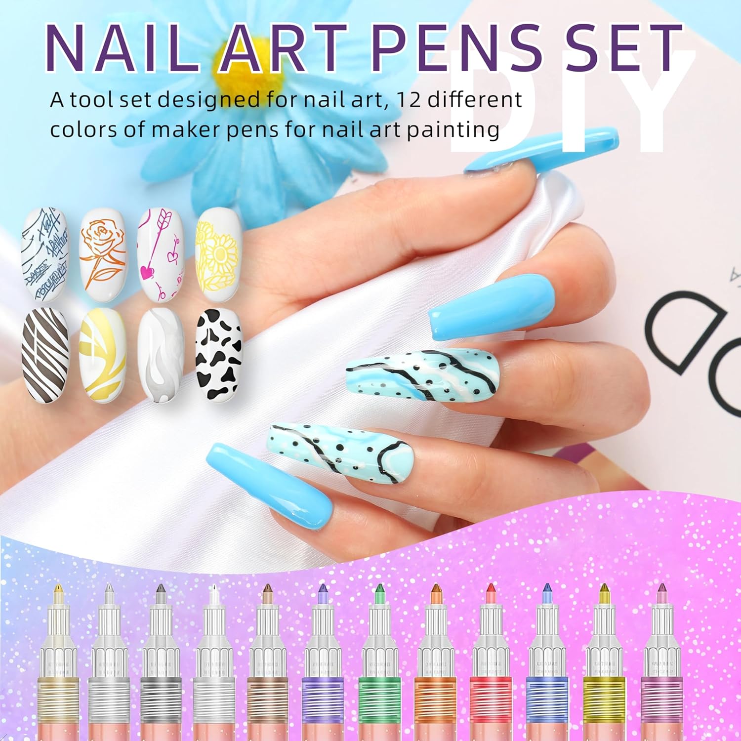 12色3Dネイルアートペンセット 0.7mm 極細 柔軟なペン先 プロ仕様 ドット裏地 グラデーションとフローラルデザイン DIY