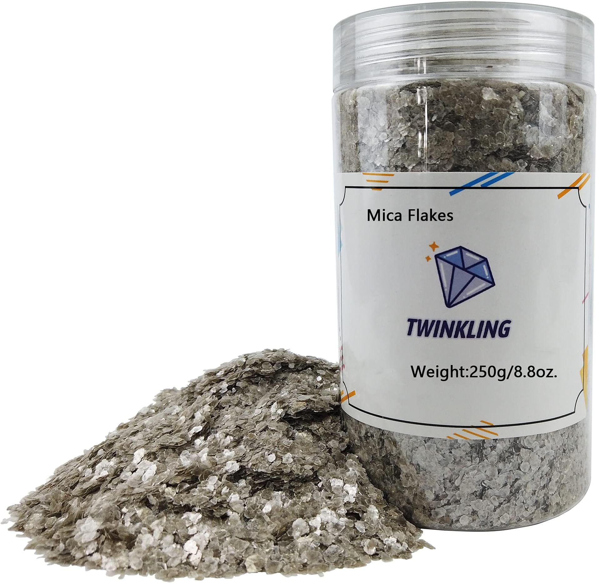 TWINKLING Natural Colored Mica Flakes, Gilding Flake, Mica Flakes Glitter Leaf for DIY Resin Art Crafts, Nail Art, Painting,Jewelry Making, 2-4mm,250g/8.8oz. (Silver White)