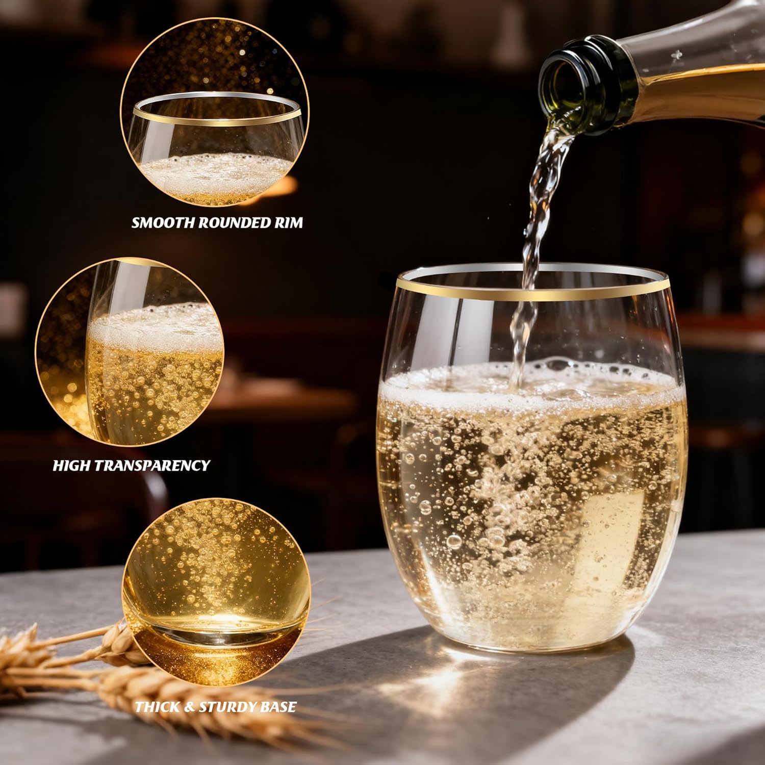 24 Pack 12oz Plastic Stemless Wine Glasses with Gold Rim, Disposable Clear Wine Cups - Shatterproof, Unbreakable & BPA-Free, Recyclable Drinkware for Wedding, Birthday Party, New Year, Holidays