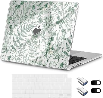for New MacBook Pro 16 inch Case 2024 M4 2023 2021 Release Fashionable Lightweight Floral Design Transparent HD Clear Laptop Shell, with TPU Keyboard Cover & OTG Adapters, Green Branches